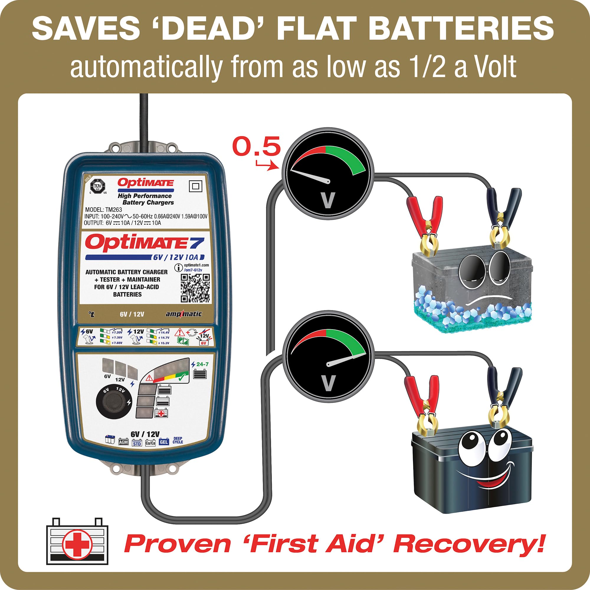 Gold Series Optimate7 6V/12V - 10A, Model TM263 High Performance Battery Charger & maintainer for Deep Cycle Batteries