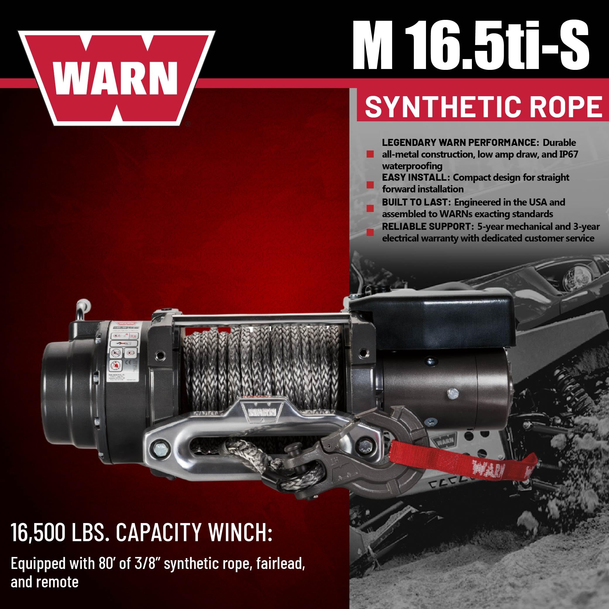 16.5ti-S WARN Heavyweight Winch – 16,500 lb Pulling Capacity, Synthetic Rope, Advanced Sealed Motor, Waterproof Design, All-Metal Gear Train for Off-Road Recovery & Industrial Use