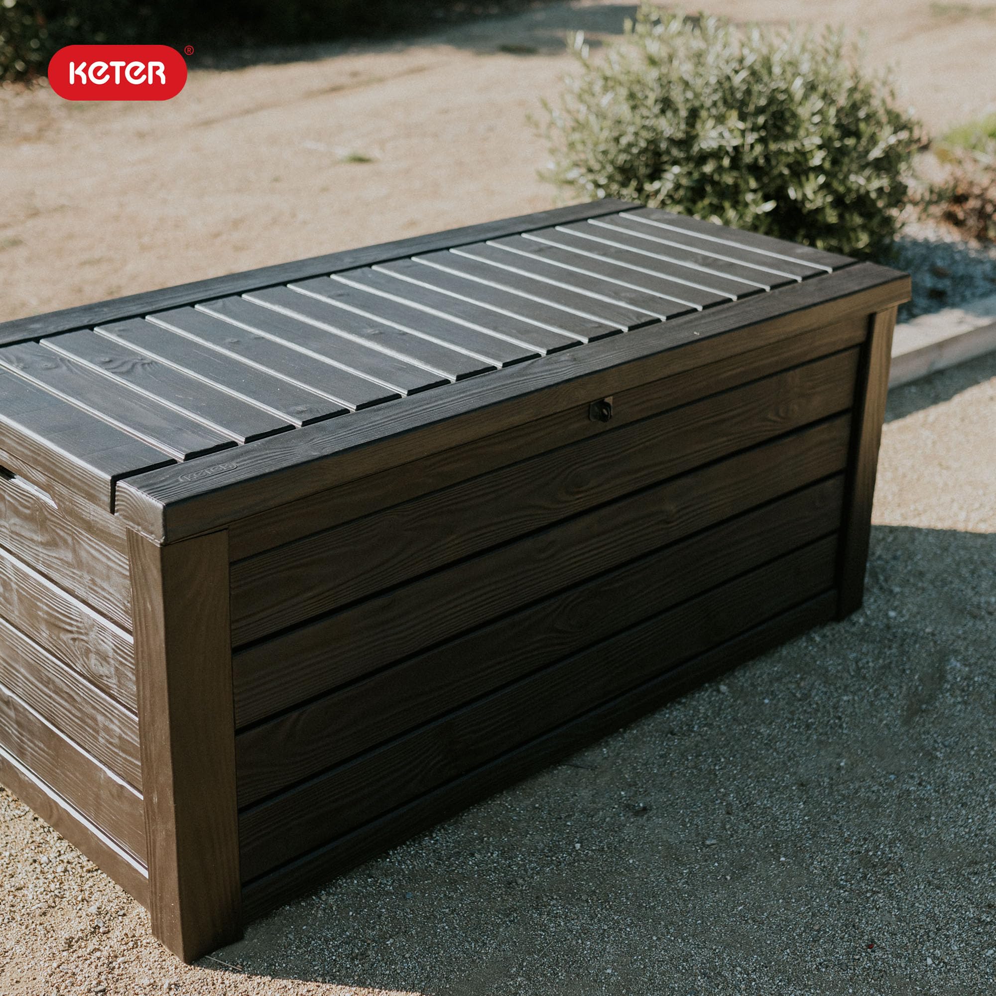 Keter 150 Gallon Westwood Deck Box Organizer, Doubles as 2-Person Bench Seat, Brown – Large Resin Outdoor Storage and Seating with Lockable Lid for Garden, Pool, and Patio