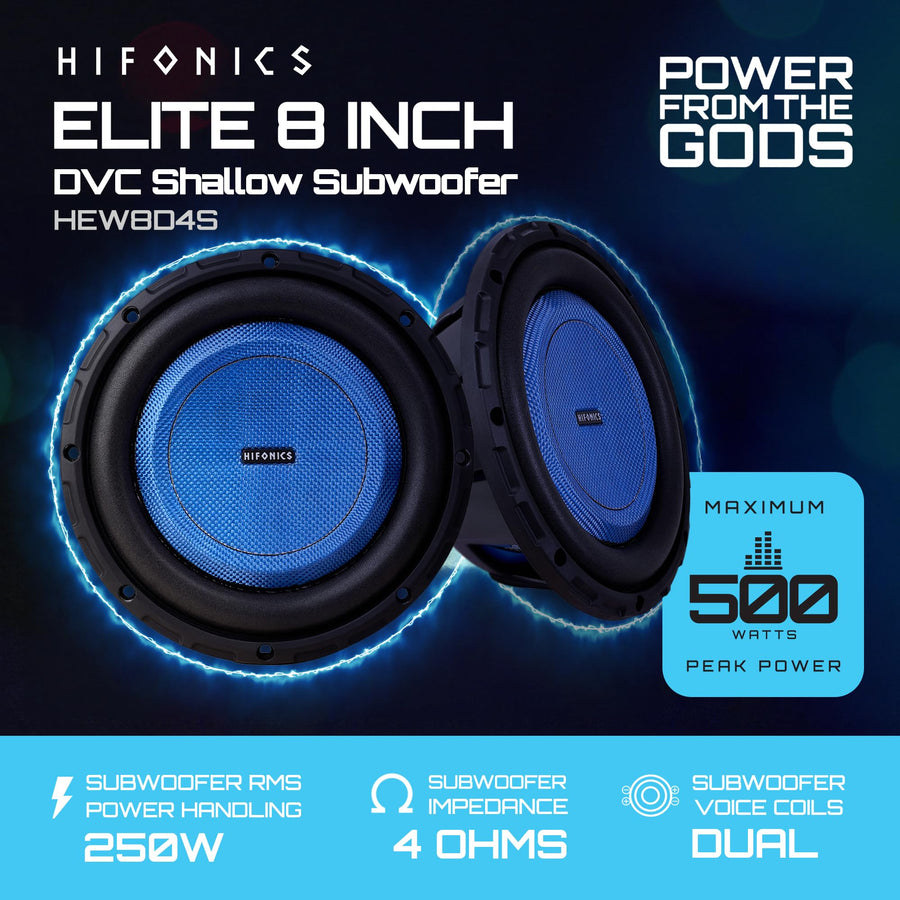 Hifonics 8 Inch Elite Shallow Mount Car Subwoofer, Dual 4 Ohm Voice Coil Speaker 500 Watt Peak Power Mobile Amplifier, Black/Blue
