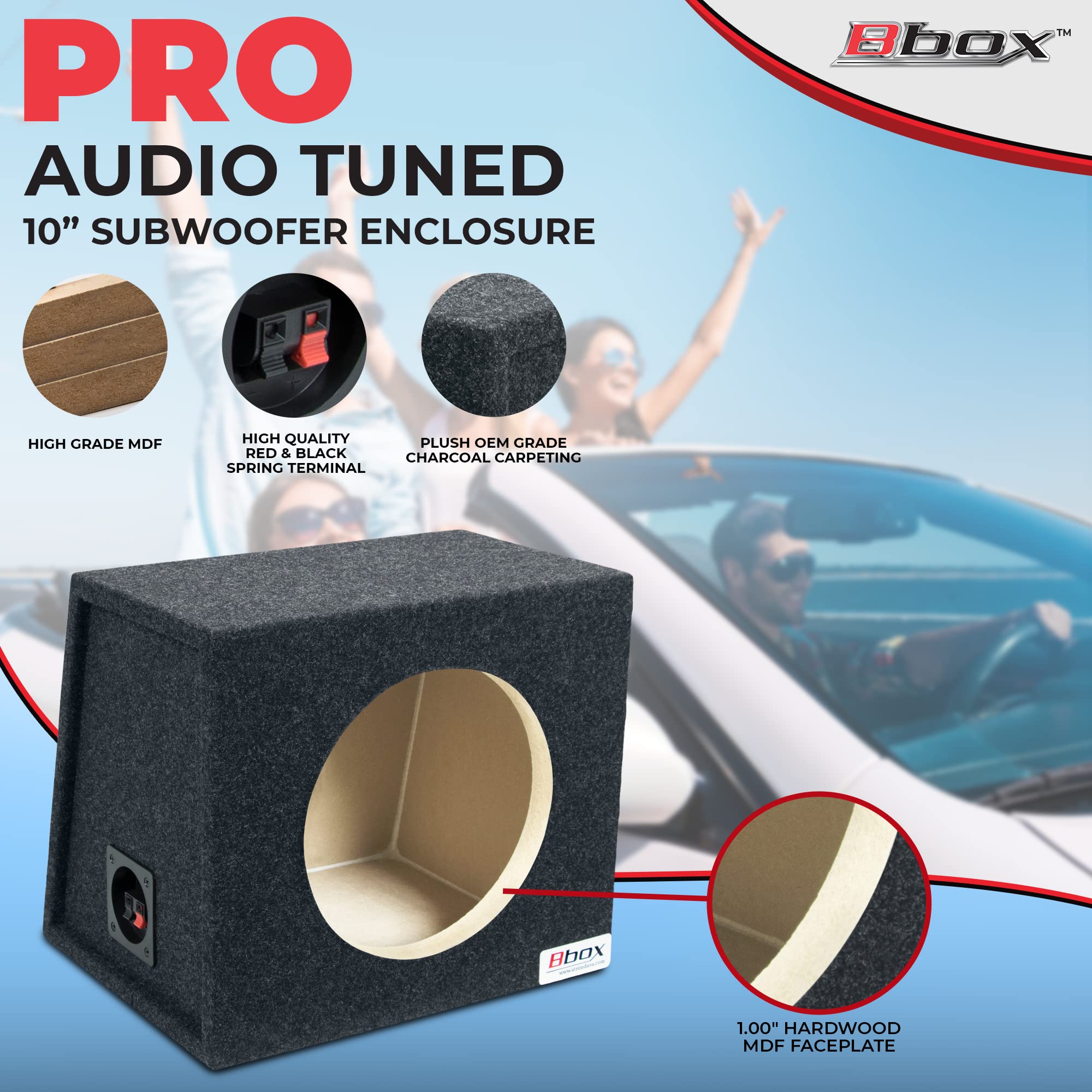Single Bbox 10 Inch Subwoofer Sealed Enclosure - Car Subwoofer Box & Enclosures - Premium Subwoofer Box Improves Audio Quality, Sound & Bass - Red & Black Spring Terminals - Charcoal
