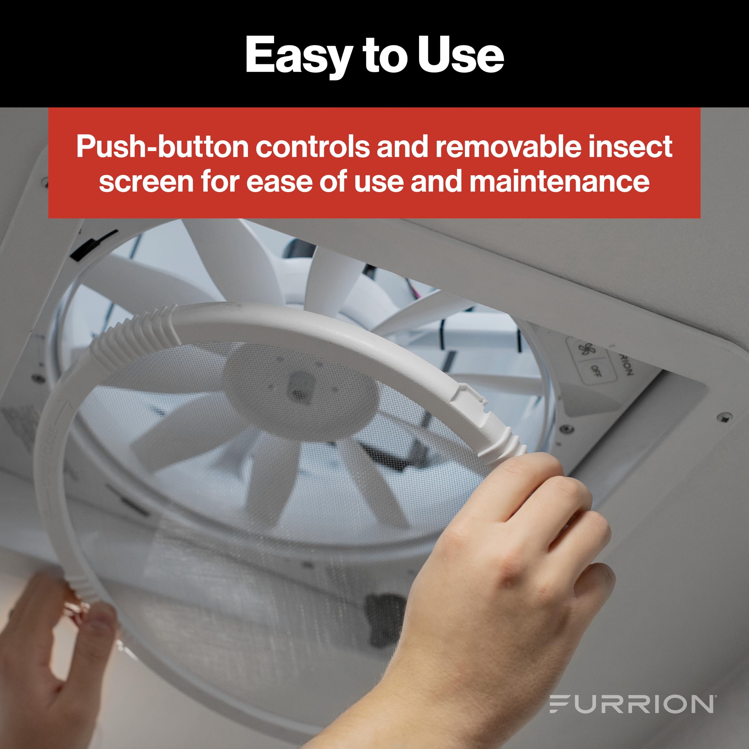 Furrion 14" RV Rooftop Vent Exhaust Fan with Lid, 10-Blade, Four Fan Speeds, Push-Button Controls, Removable Insect Screen, Flush-Mount Design for 2" to 7" Thick Roofs, White - FVF14D90R6A-PS-AM