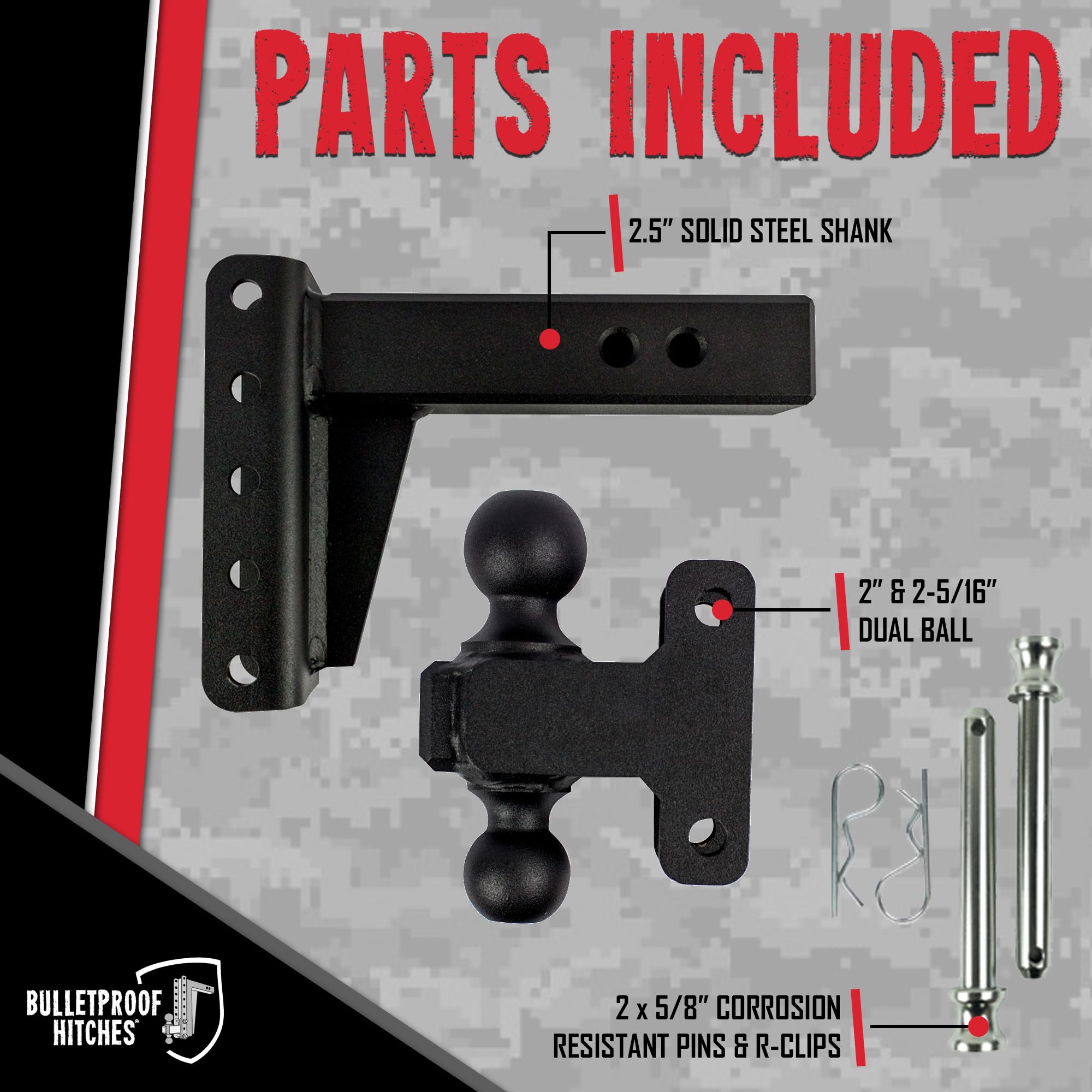 2.5" BulletProof Hitches Adjustable Extreme Duty Trailer Hitch (36,000 lb. Rating) - 4" Drop/Rise with 2" and 2 5/16" Dual Ball - Powder Coat, Solid Steel, Corrosion-Resistant