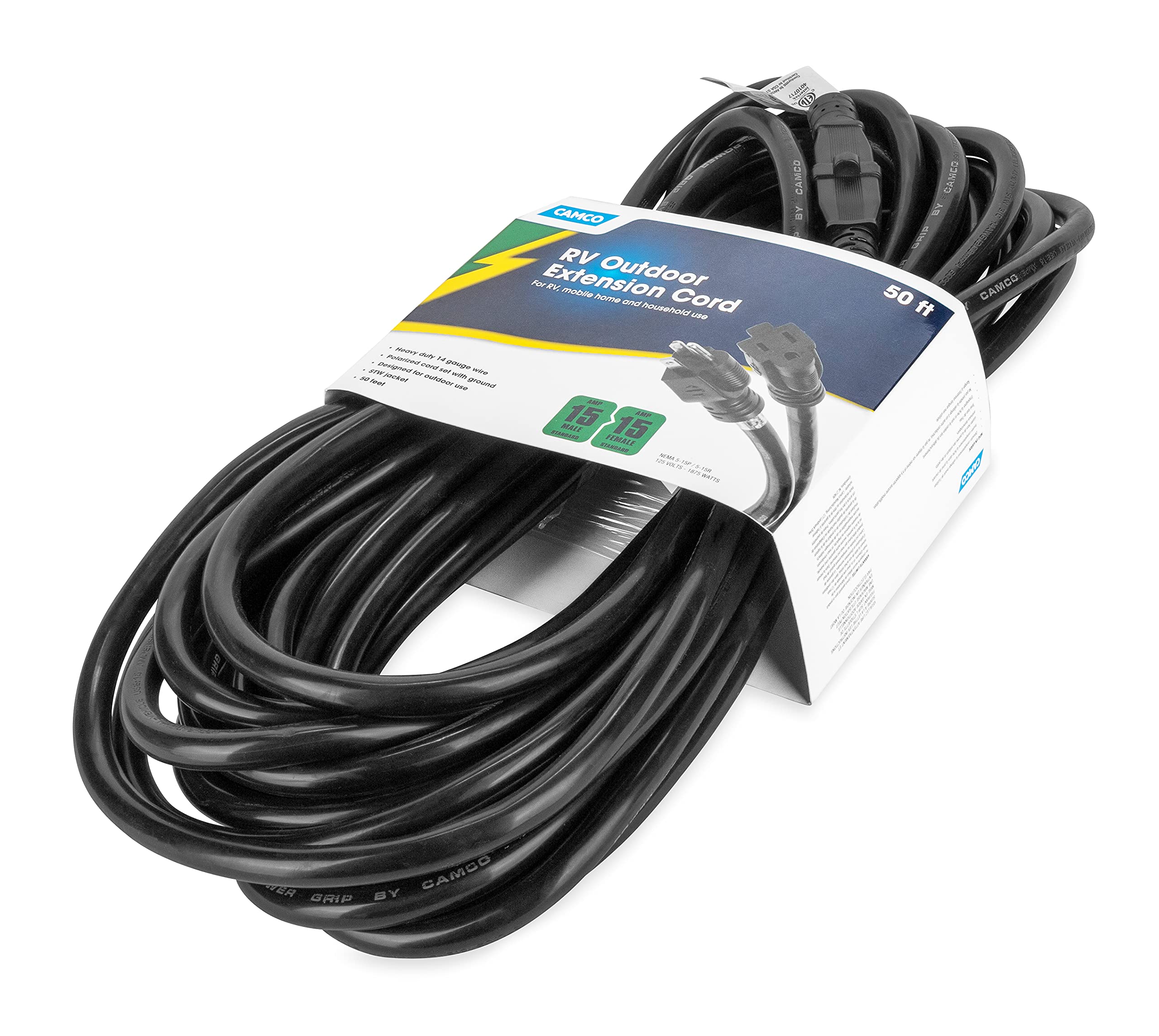 15 Amp Camco 50-Ft RV Extension Cord - Rated for 125V / 1,857W - Features Heavy Duty 14-Gauge Copper Wire for Superior Conductivity & Coated w/Heat-Resilient PVC (55143)