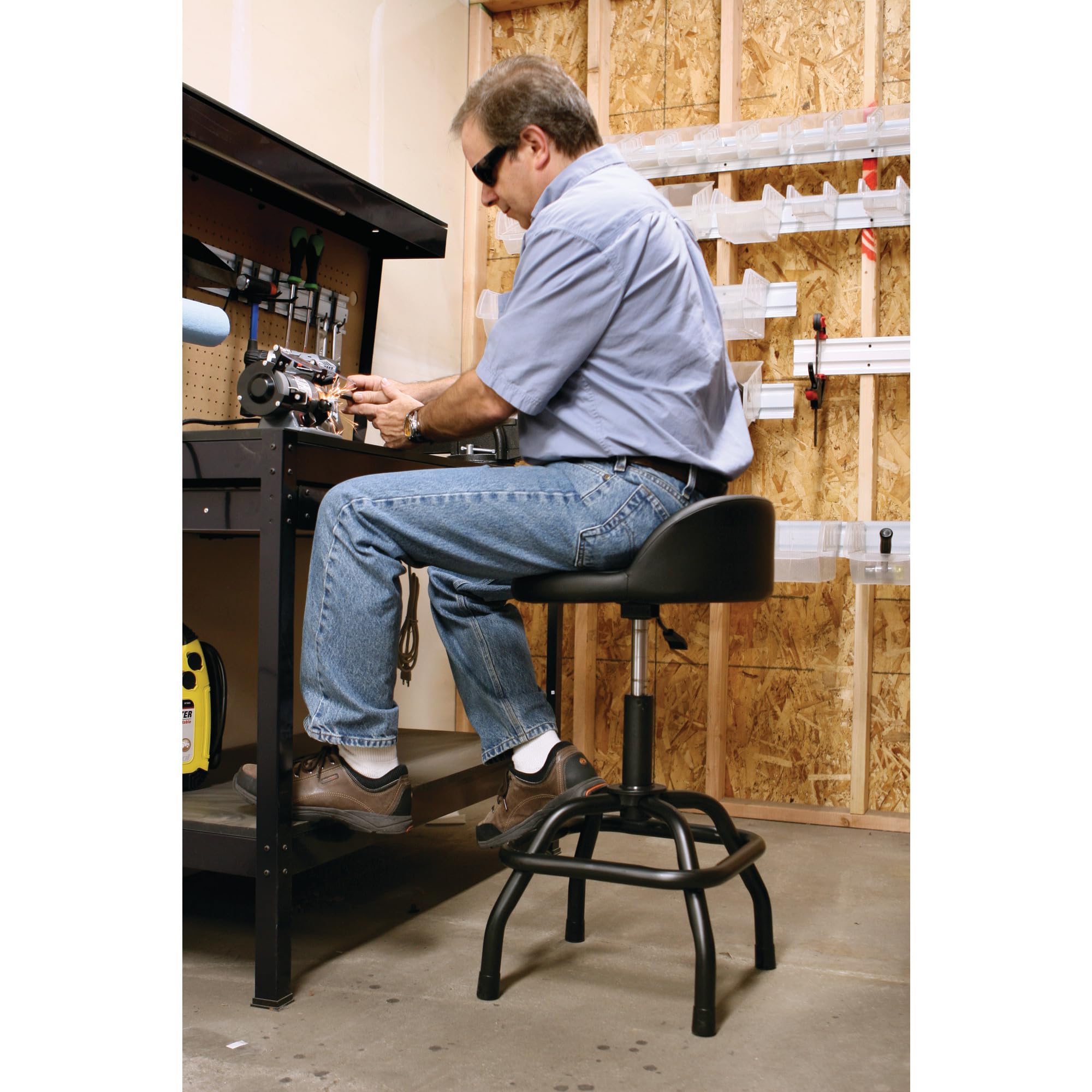 Pneumatic Performance Tool W85011 Swivel Bar Stool with Back Support, 360-Degree Heavy Duty Steel Frame, Black