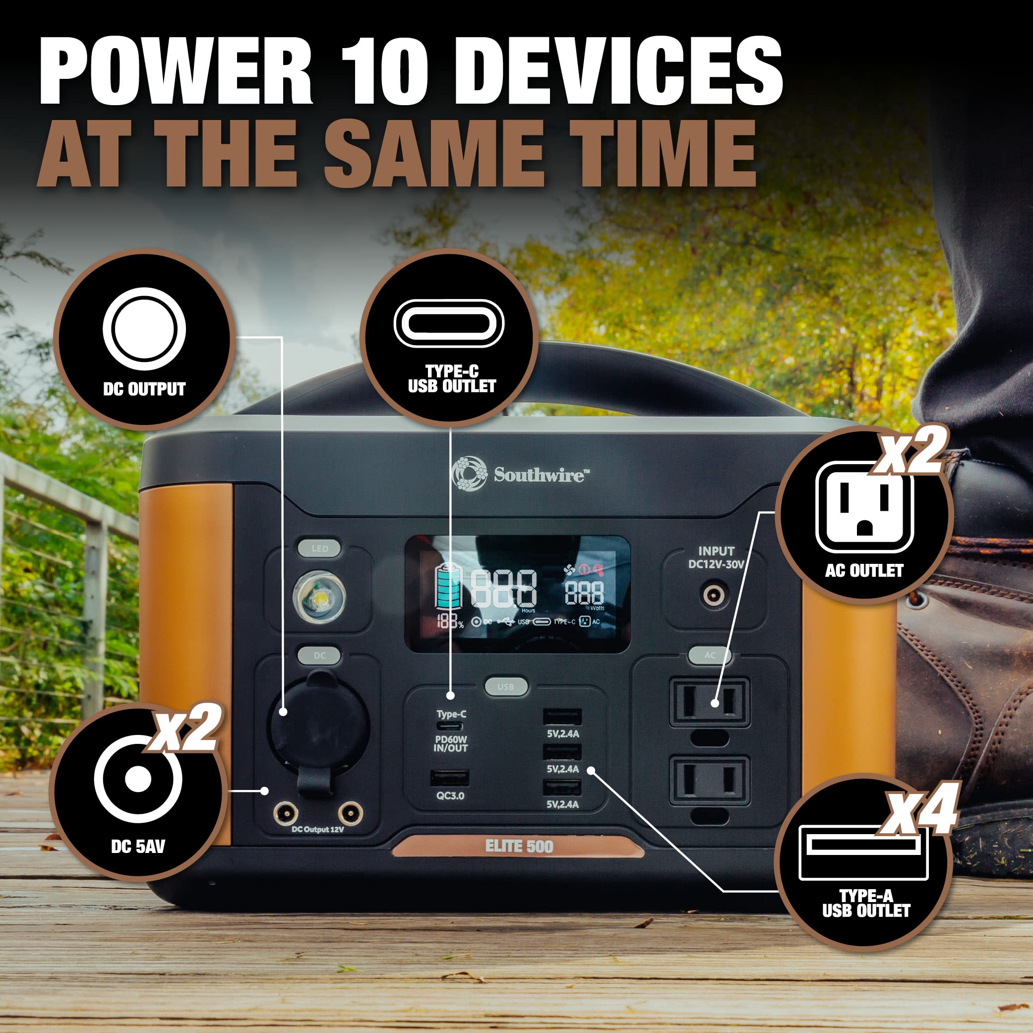 500 Series Southwire Elite, 515Wh Backup Lithium Battery, 120V/500W Pure Sine Wave AC Outlet, Solar Generator, with 100W Solar Panel Included for Home Backup Power, Emergency Power, Camping and more