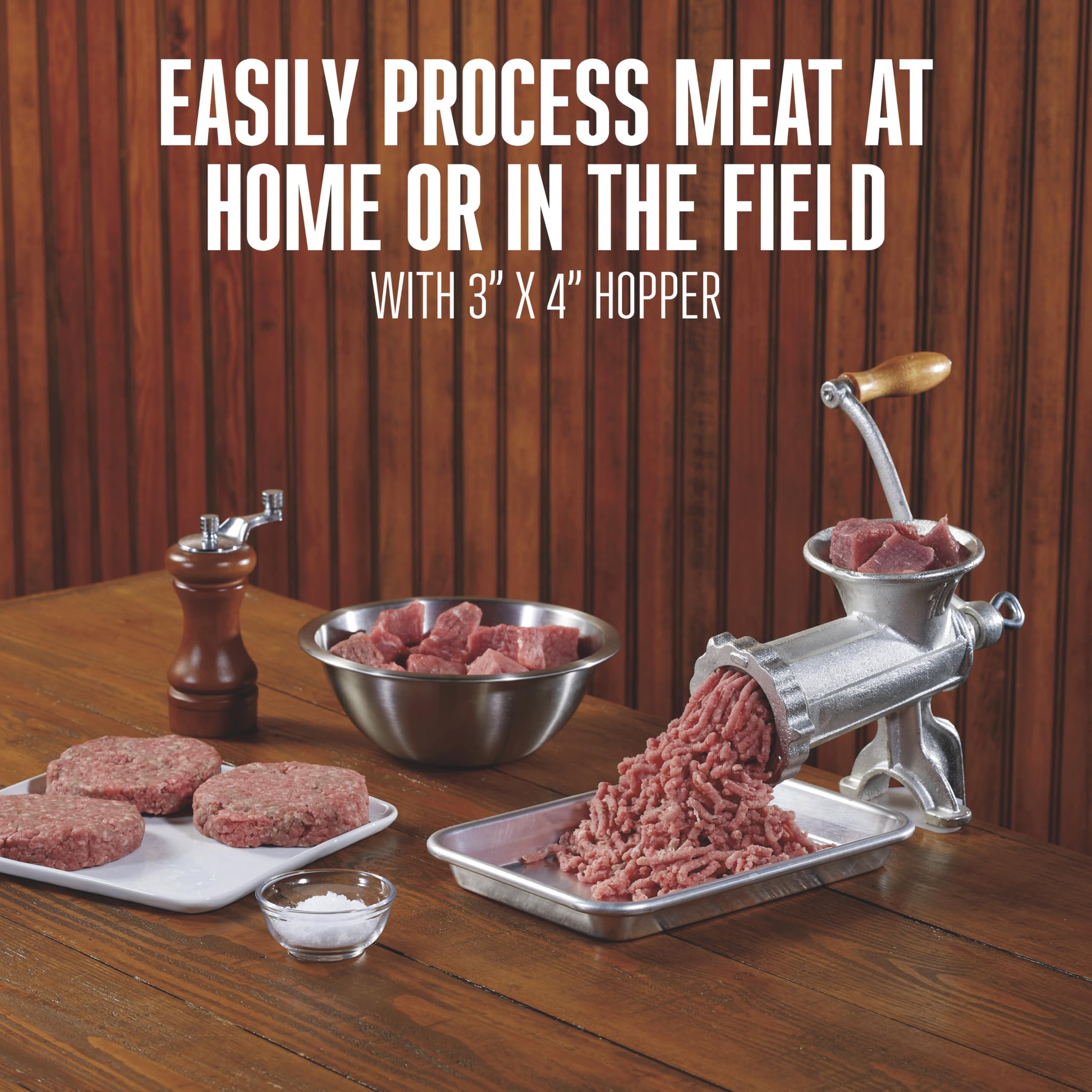 Weston Manual #10 Tinned Meat Grinder and Sausage Stuffer, 4.5mm & 10mm plates, + 3 sausage funnels, Silver