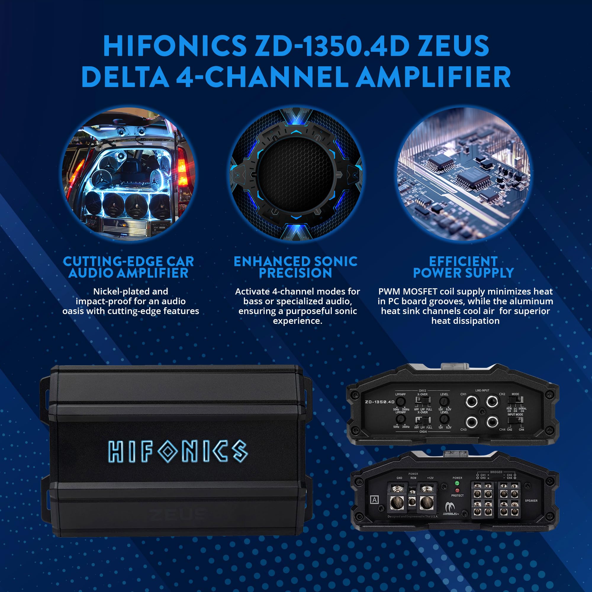 Hifonics Delta Zeus 1,350 Watt Compact 4 Channel Nickel Plated Mobile Car Audio Amplifier with Auto Turn On Feature, ZD-1350.4D, Black
