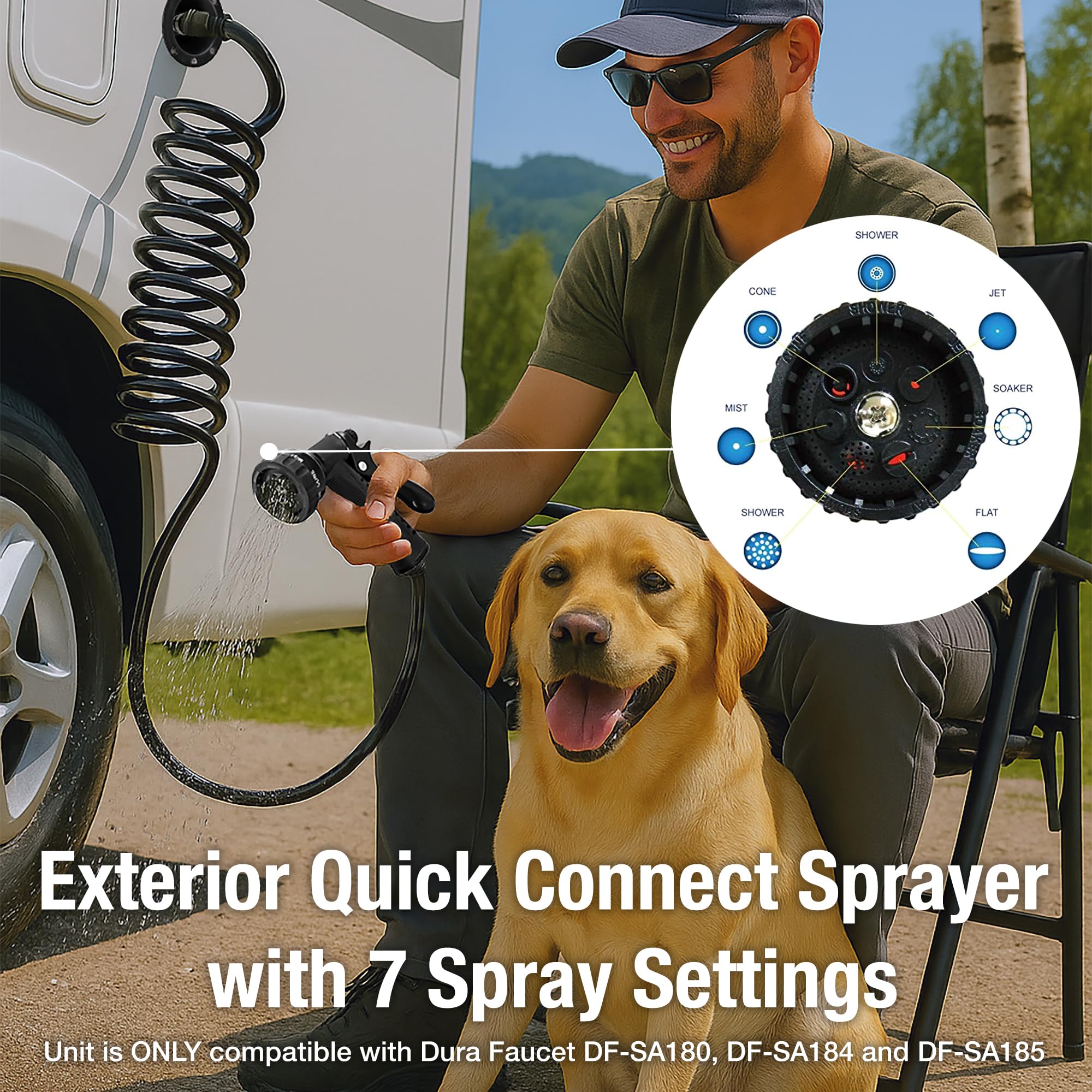 Dura Faucet RV Exterior Quick Connect DF-SA187-WT Sprayer with 7 Spray Settings and Coiled Hose Kit