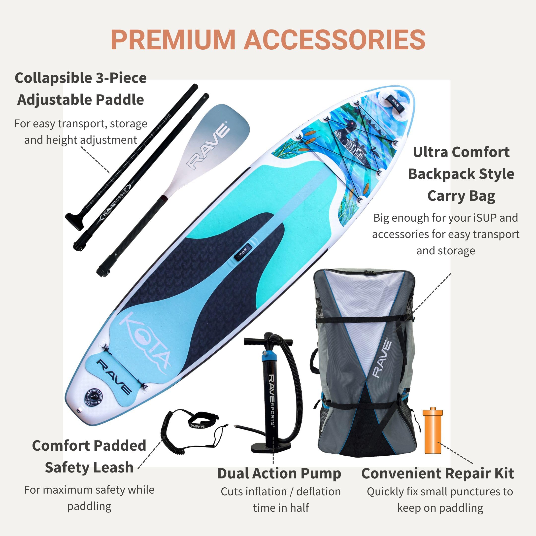 Kota Series RAVE Sports Inflatable Stand Up Paddle Boards 10 ft 6 in with Premium SUP Paddle Board Accessories, Stable Design & Non-Slip Comfort Deck for Youth & Adults