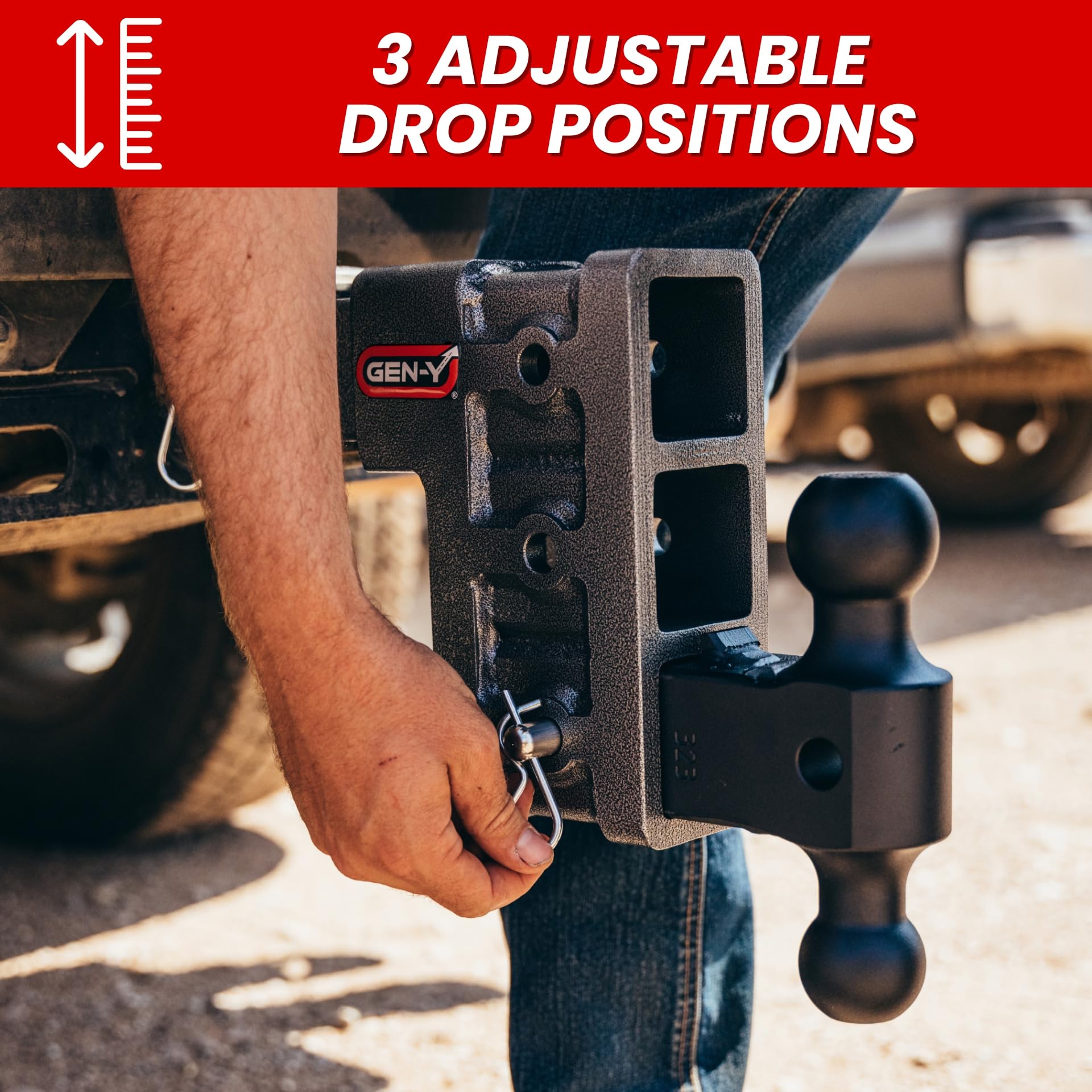 GEN-Y Hitch Tow Hitch - 3" Receiver for 6" Drop/Rise with 3 Adjustable Positions, Includes Dual Ball Mount and Locking Pin, 32,000 lbs Towing Capacity, 3,500 lbs Tongue Weight, Silver