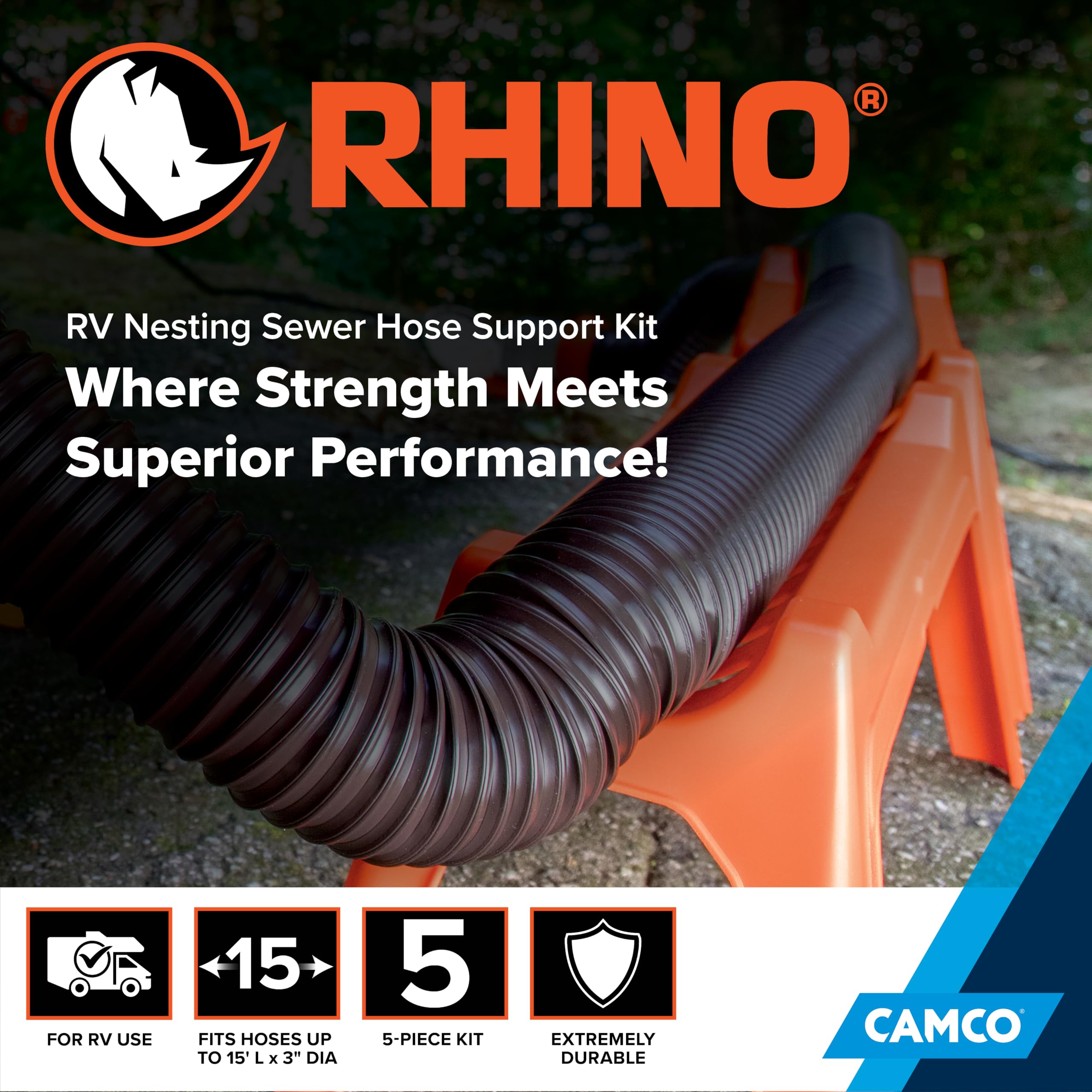 Camco RV Sewer Hose Support Kit - Extends for Easy Drainage Over Uneven Terrain - Supports Up to 15-Feet of RV Sewer Hose - Features Nesting Design for Storage - 5 Support Sections (43072)