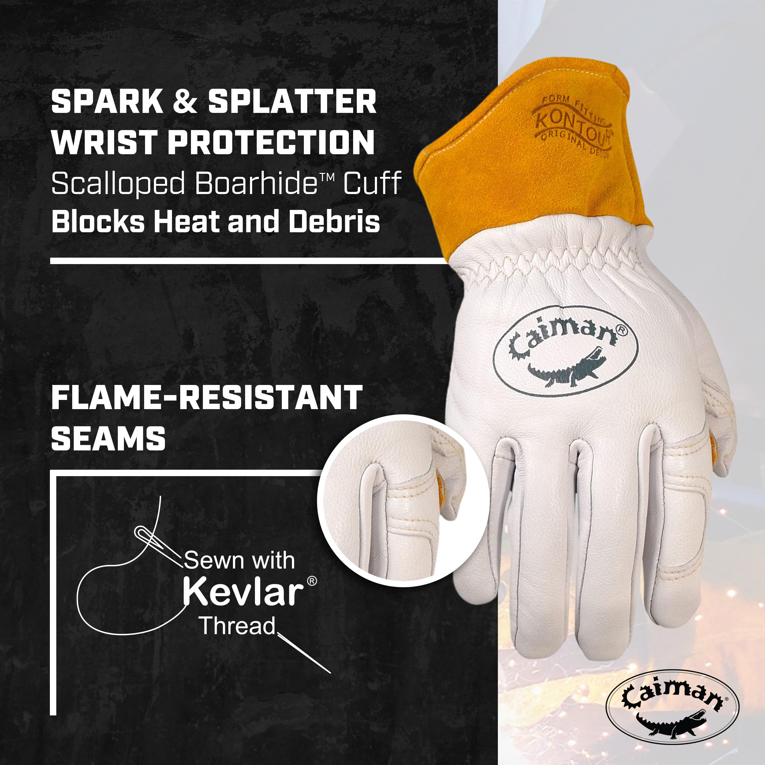 Caiman Goat Grain Premium TIG/MIG Welding Gloves with Wool Insulated Back, Scalloped Cuff, Boarhide Palm, Unlined, Reinforced Thumb, Kevlar, Kontour Design, White/Gold, Large (1871-5)