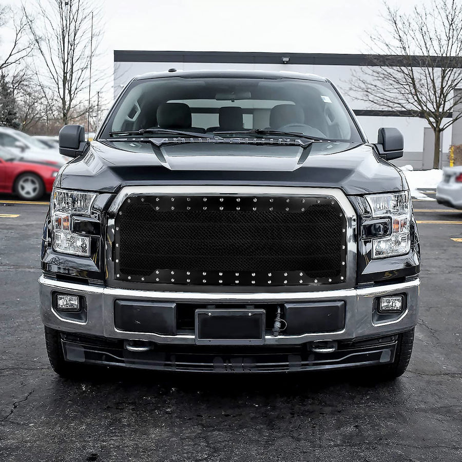 Chrome Mesh Rivet Front Bumper Hood Grille w/Shell Spec-D Tuning Compatible with 2015-2017 Ford F150