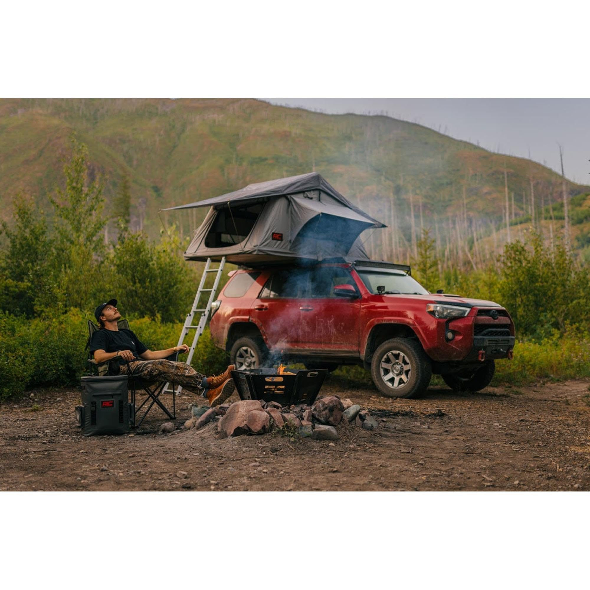 Rough Country Roof Top Tent Mount Rack with Ladder Extension & LED Light Kit, 12V Accessory