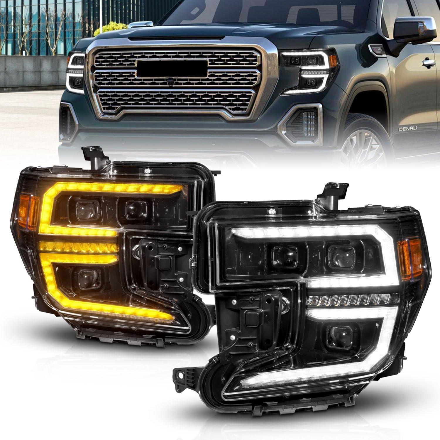 GMC Sierra 1500 Anzo 19-21 LED Projector Headlight w/Switchback+Sequential - Black