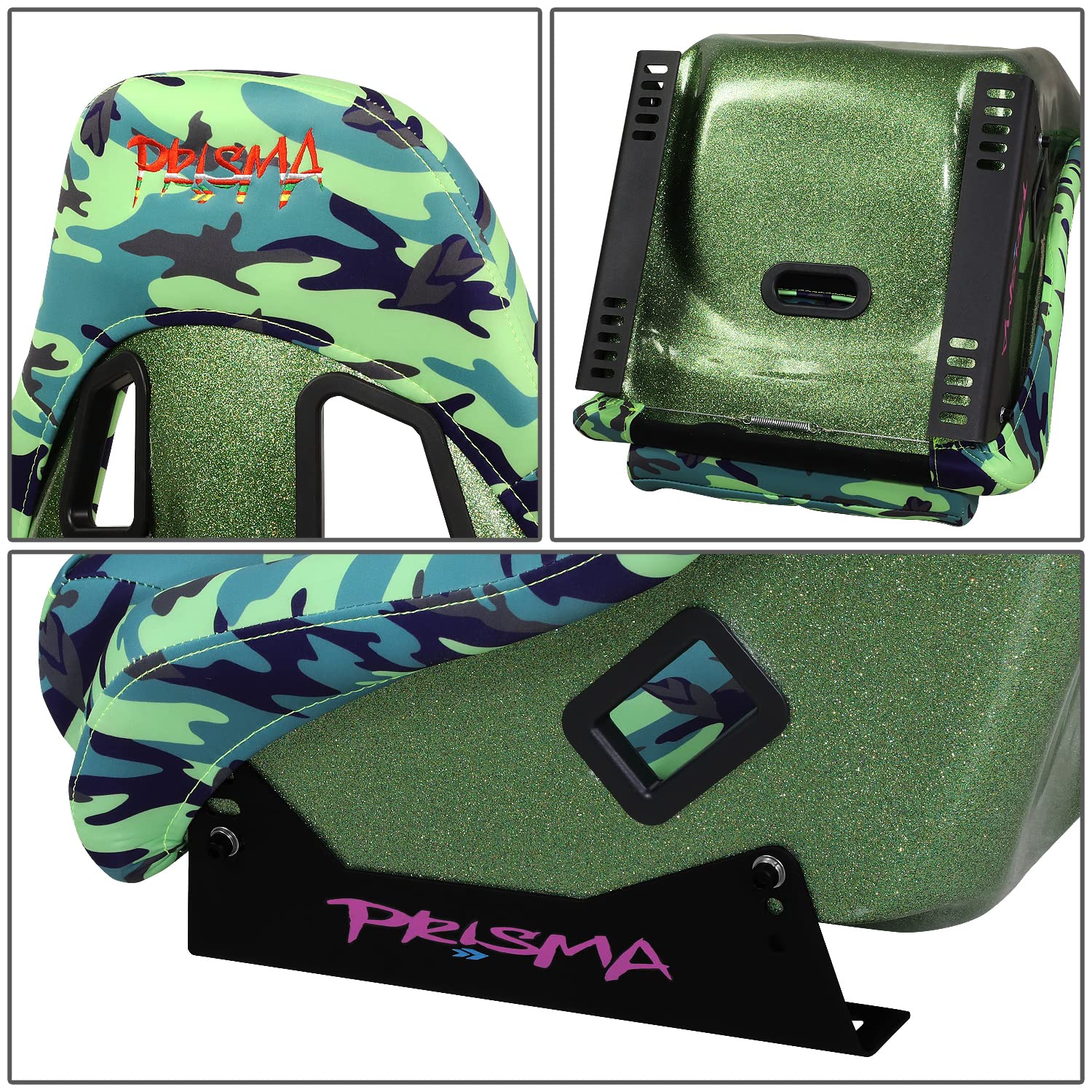 NRG Innovations Prisma FRP-303-GIJ Fixed Back Bucket Racing Seat with Bottom Mount Bracket, Green Camo/Green Glitter Back
