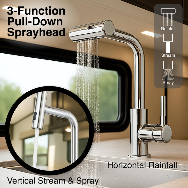 Dura Faucet Rainfall (DF-MK511X-CP) RV Kitchen Faucet – Chrome, Dual-Mode Rotating Spray Head (Wide Waterfall & Stream), Single Lever Handle, Lead-Free, Easy Install Compact Sink Faucet
