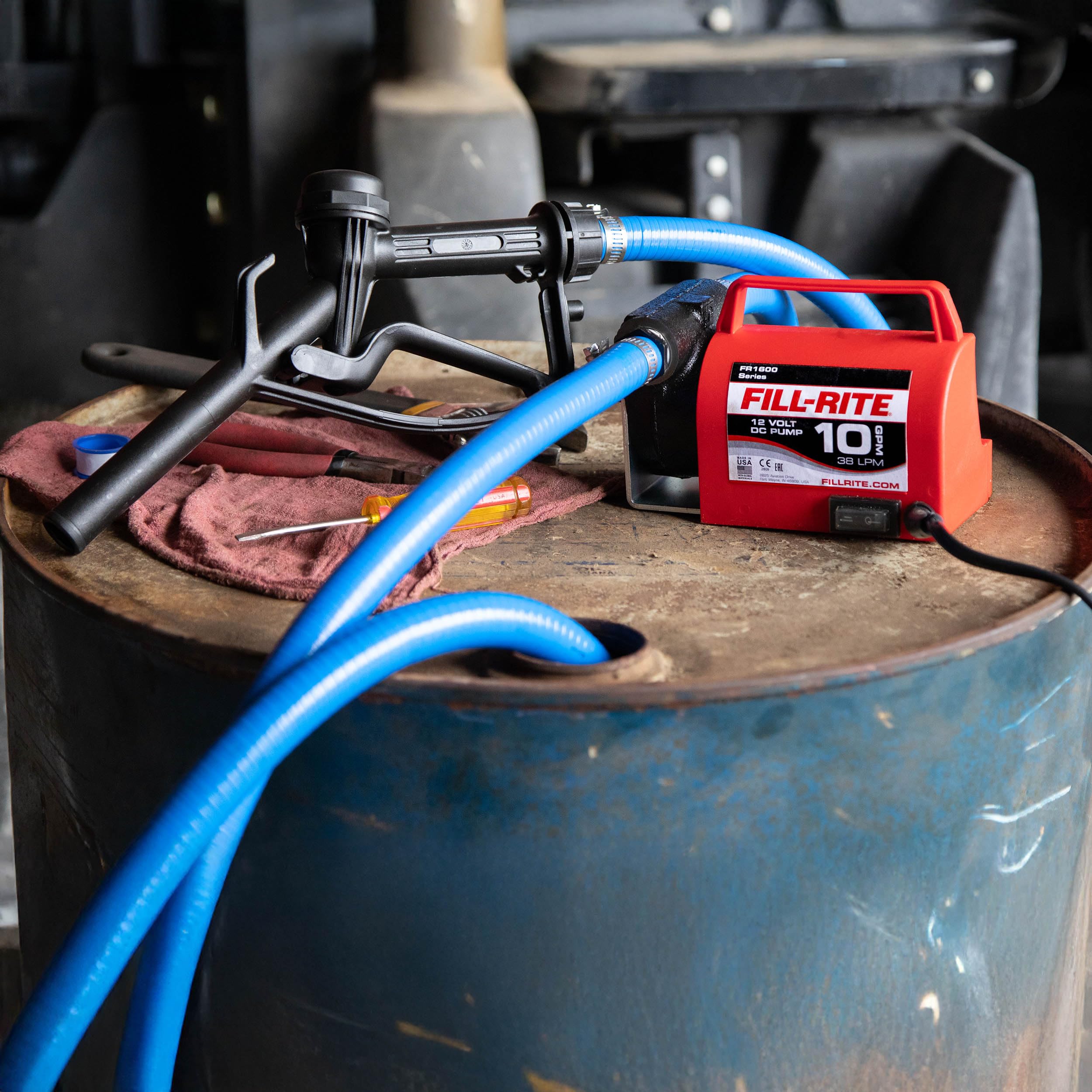 12V Fill-Rite FR1614 10 GPM Portable Fuel Transfer Pump for Diesel and Antifreeze with Suction and Discharge Hoses