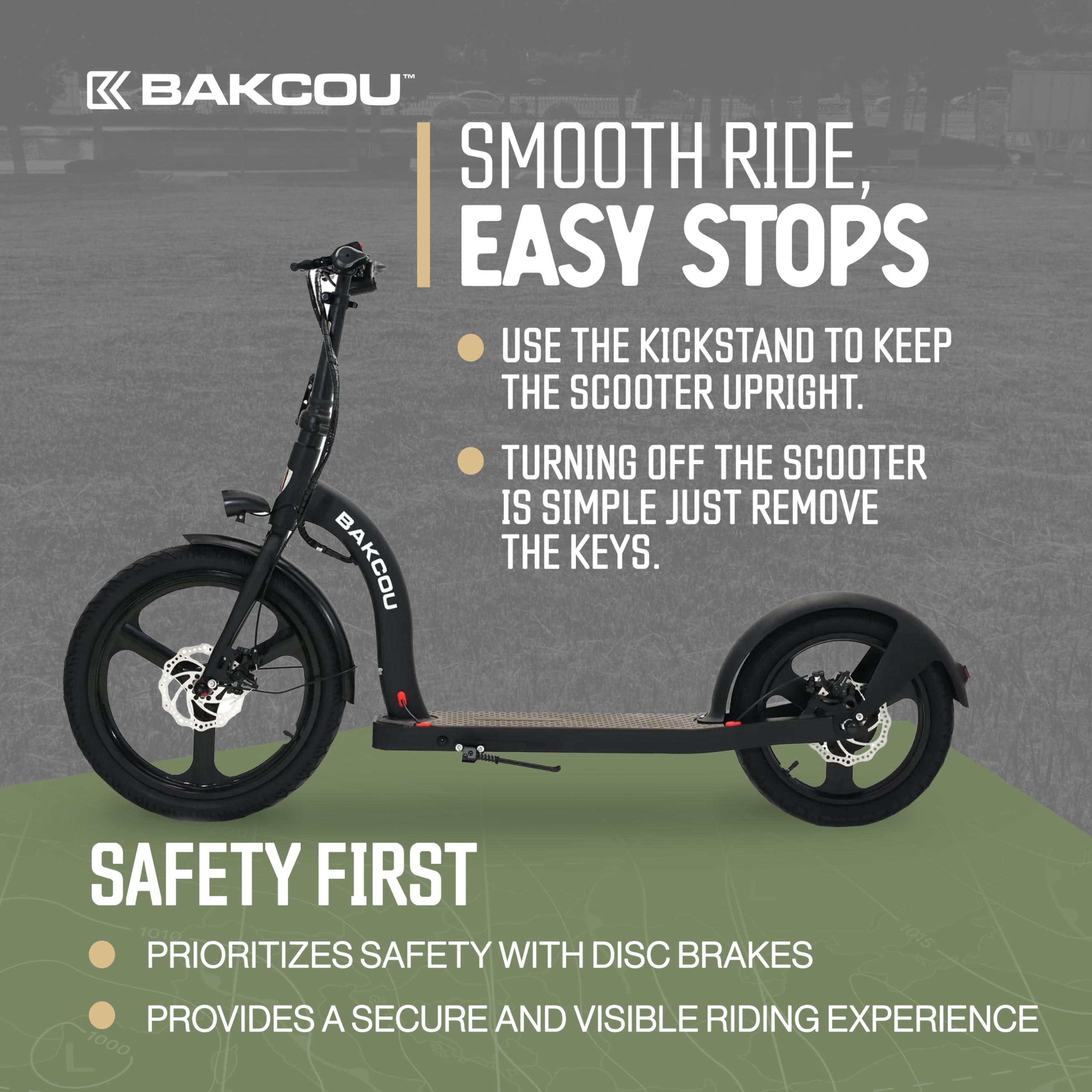 Bakcou - Electric Scooter Foldable Badger with Seat - Matte Black - 350W Motor 36V Battery, Large Wheels, Disc Brakes with Lights, Horn & Charger