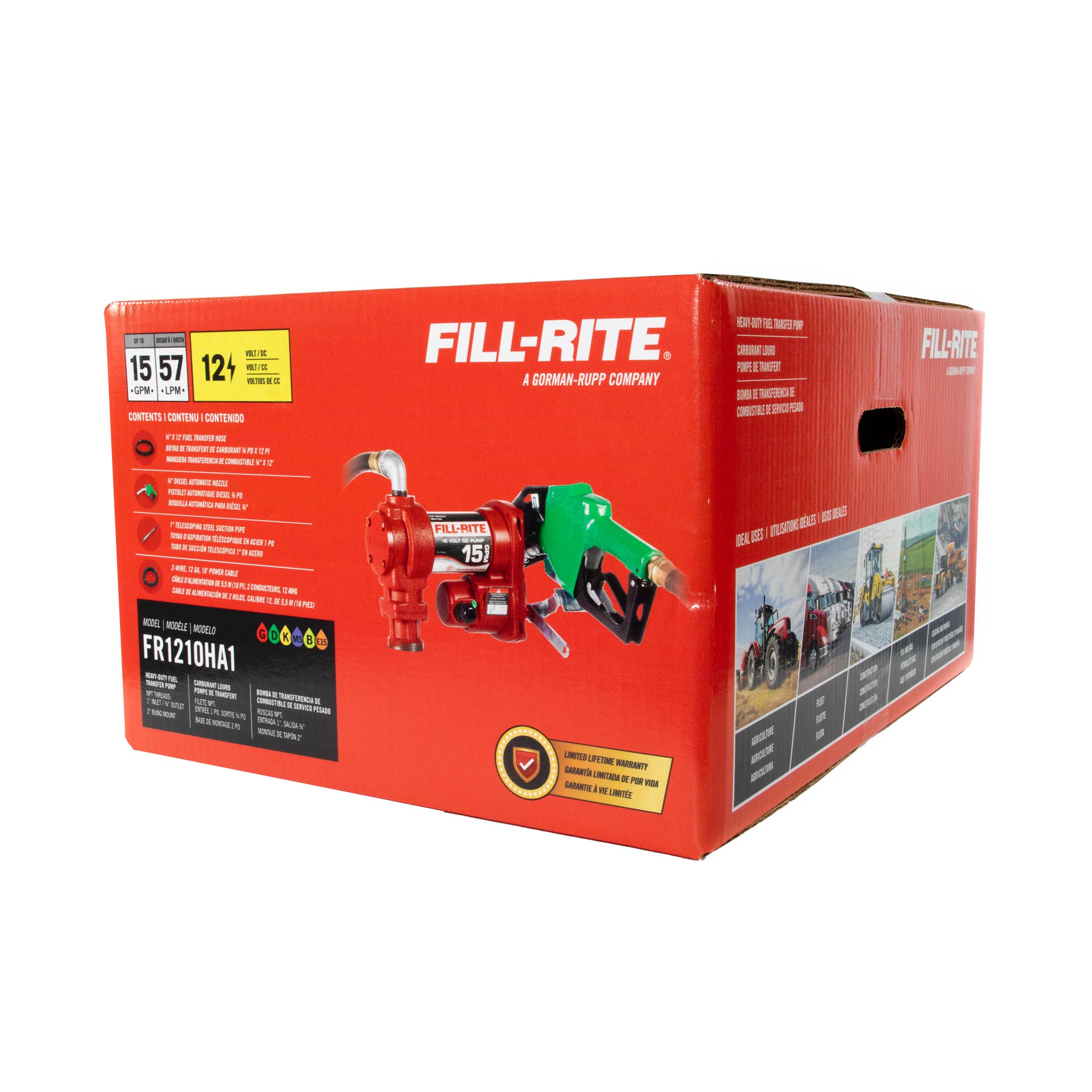 Fill-Rite 12V FR1210HA1 15 GPM Fuel Transfer Pump with Discharge Hose & Automatic Nozzle, Green - Gasoline, Diesel, Kerosene, Ethanol & Methanol Blends & Biodiesel
