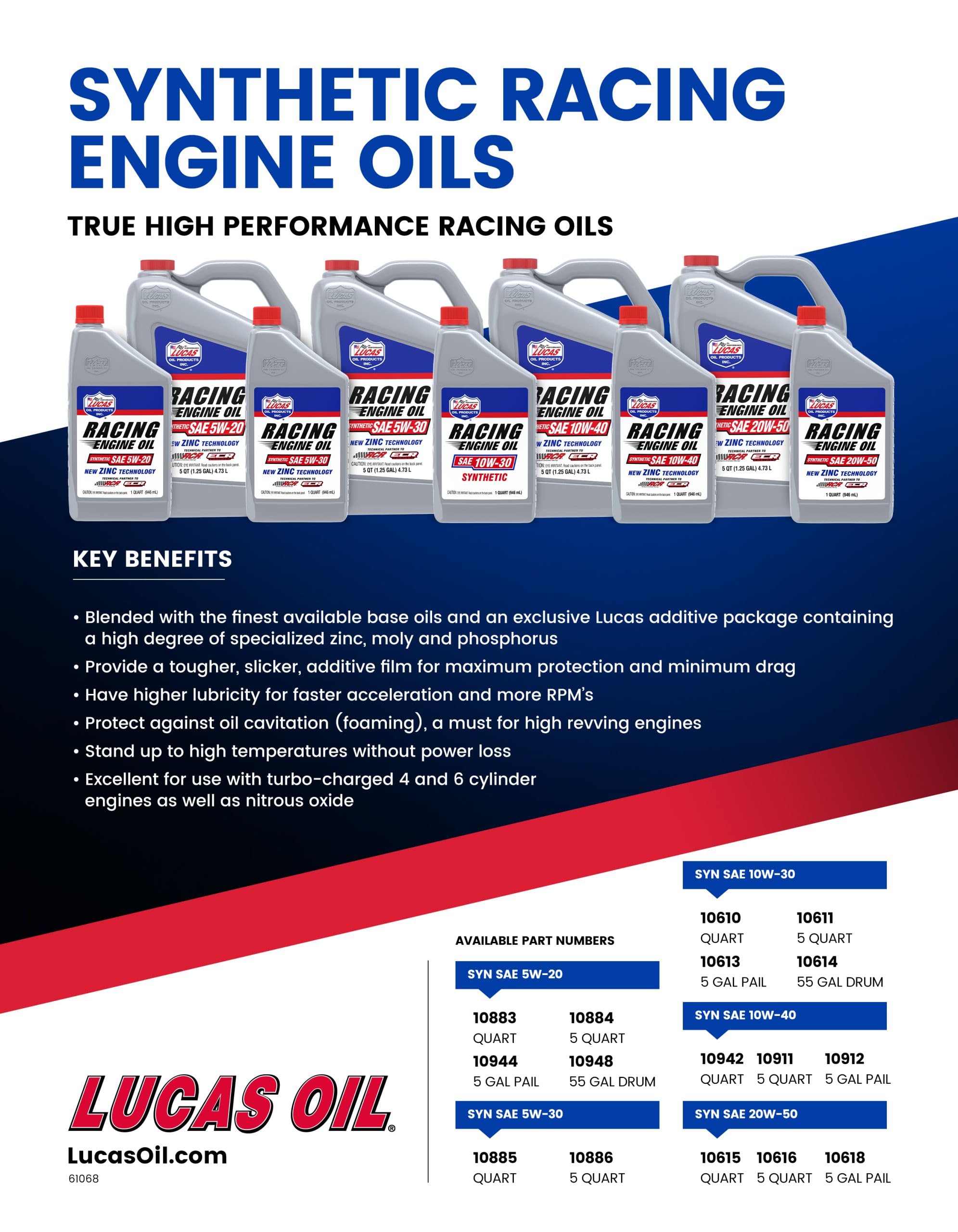 Synthetic Lucas Oil 10615 Racing Only SAE 20W-50 Engine Oil - 1 Quart