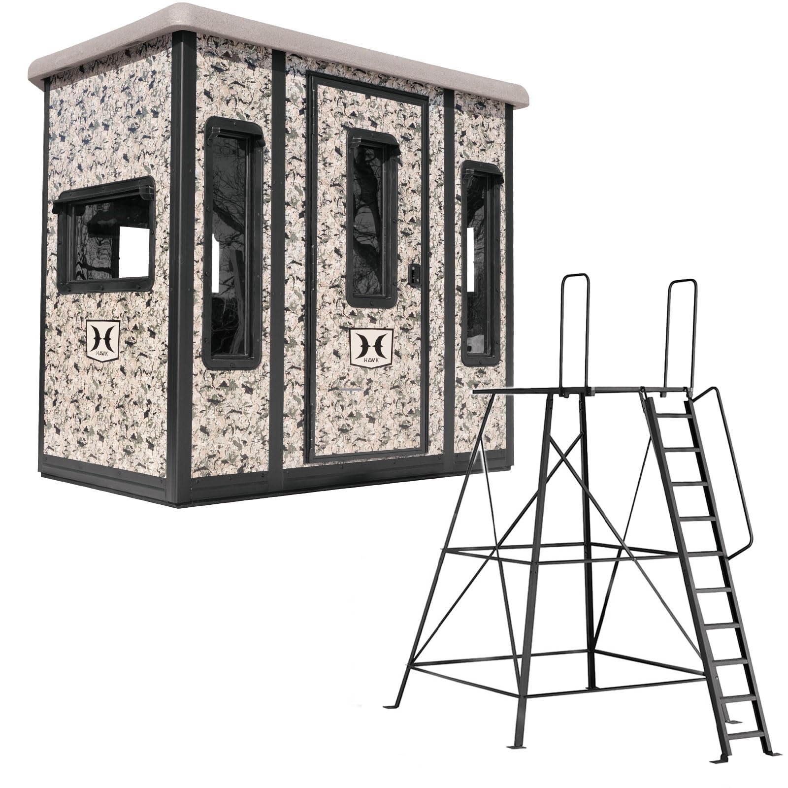 Hawk 87" W x 69" D x 78" T Compound Hunting Assembled Insulated Steel Box Blind | Floor with Rubber Pad and Multiple One-Hand-Operable Windows | Blind w/ 10ft Elite Tower