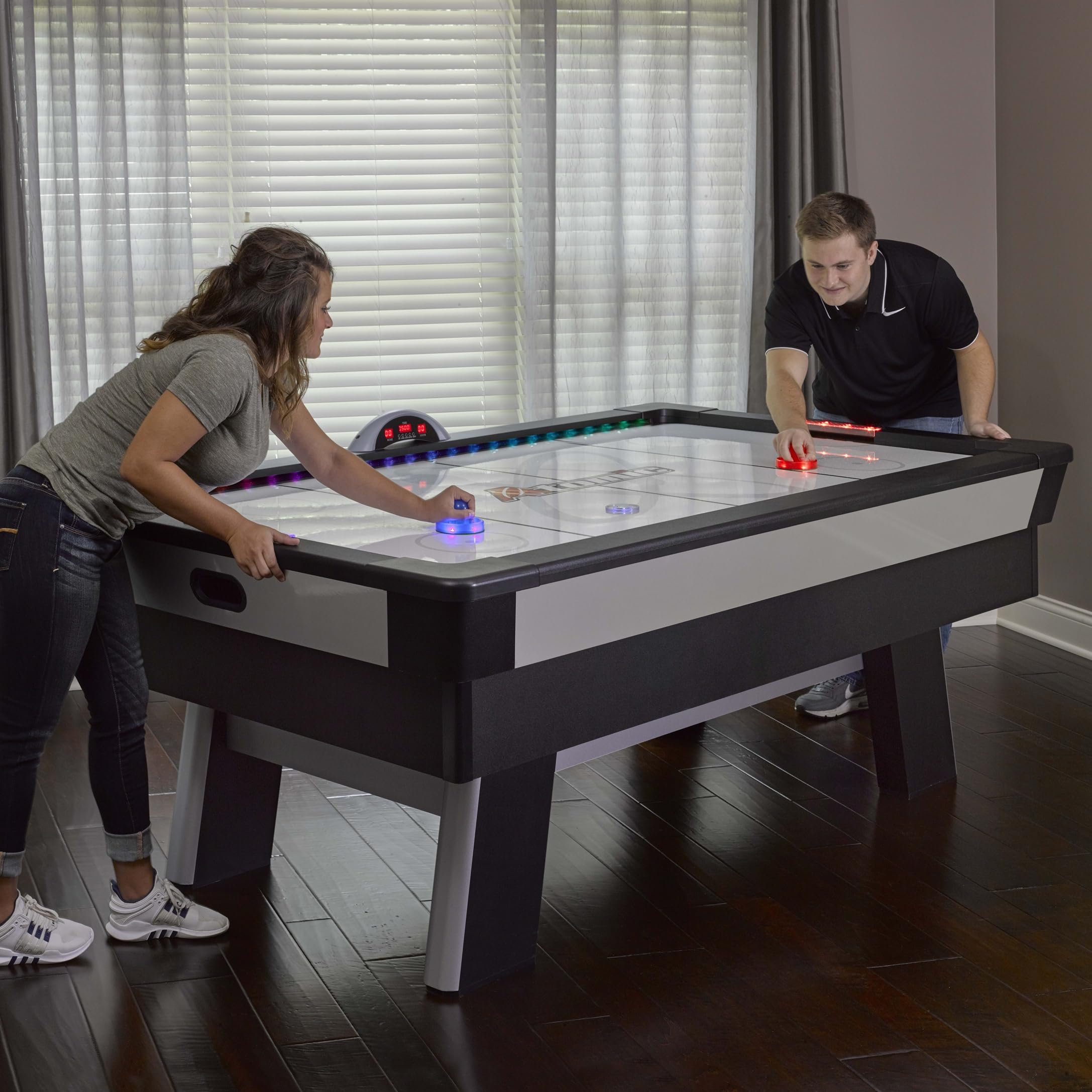 Top Shelf Atomic 7.5’ Air Hockey Table with 120V Motor for Maximum Air Flow, High-Speed PVC Playing Surface for Arcade-Style Play and Multicolor LED Lumen-X Technology to Illuminate Play