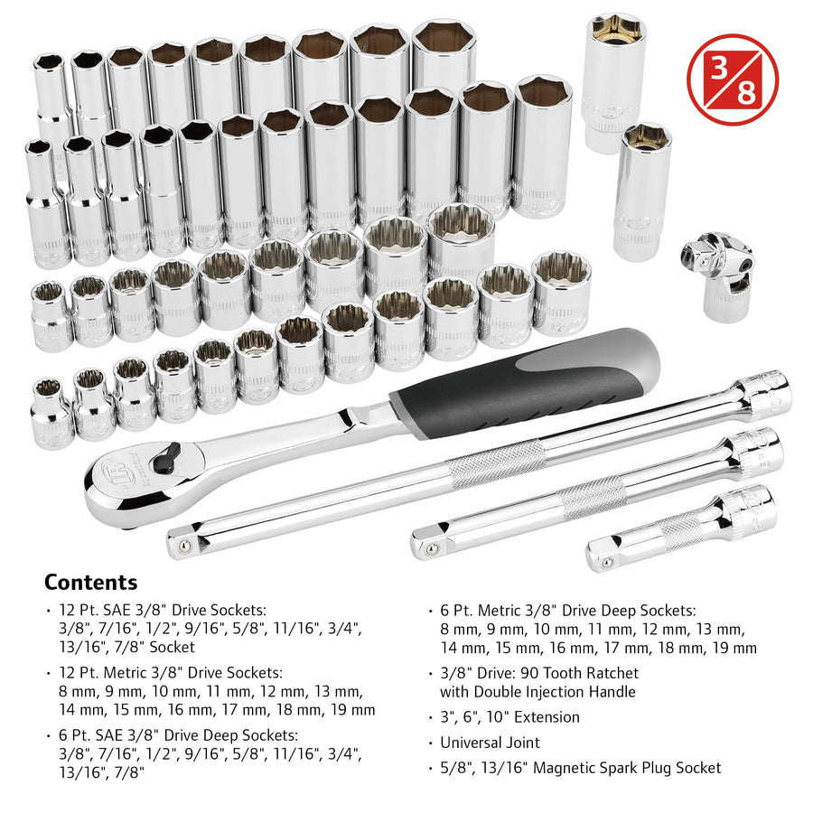 Ingersoll Rand 49-Piece SAE/Metric 3/8-Inch Drive Master Socket and Accessory Set, Includes 90-Tooth Ratchet, Extensions, U-Joint, Magnetic Spark Plug Sockets & EVA Tray – 752001