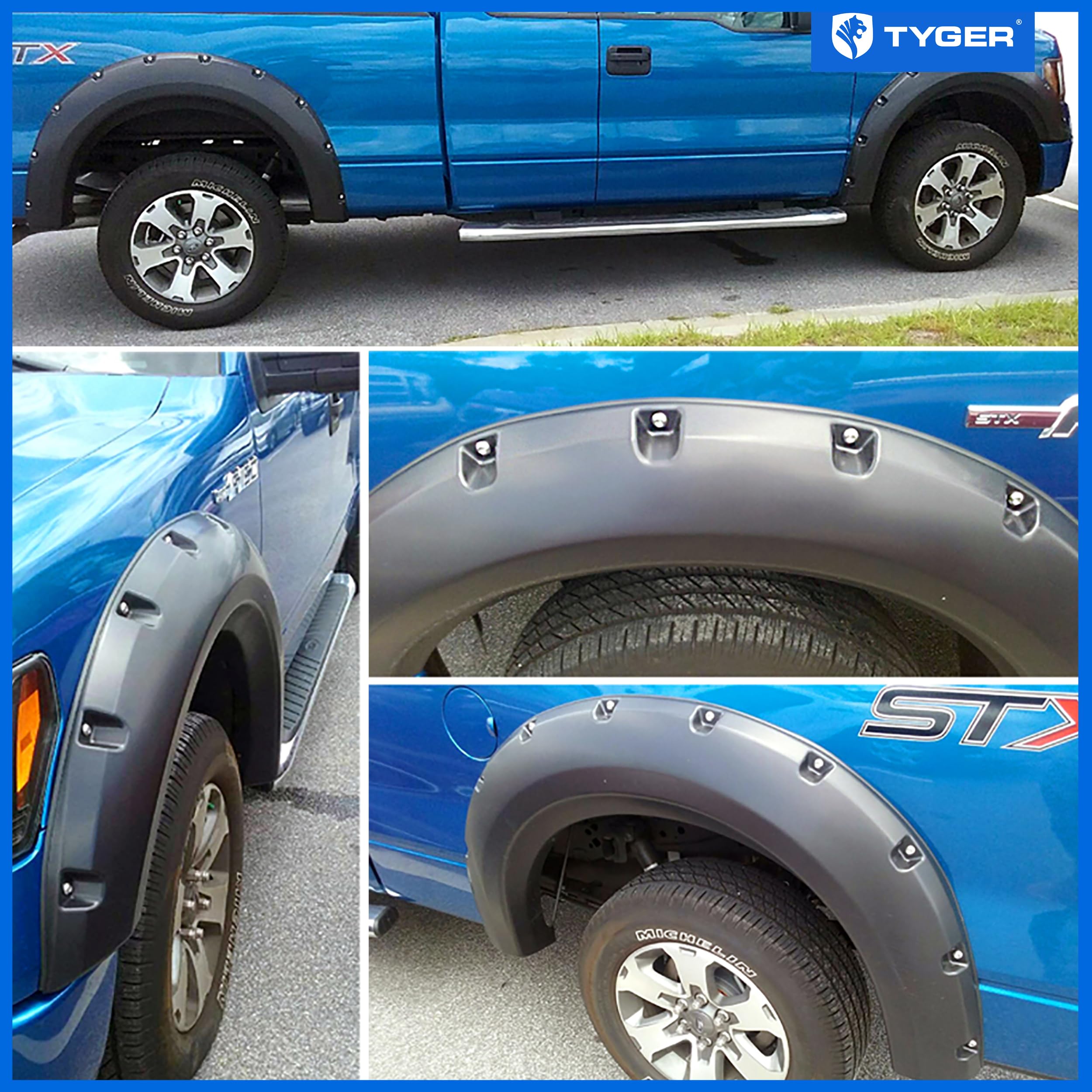 Tyger Auto Fender Flare 2009-2014 Compatible with Ford F-150 (Exclude Raptor) Fleetside, Smooth Textured Black Paintable Bolt-Riveted Style 4pc | TG-FF8F4028