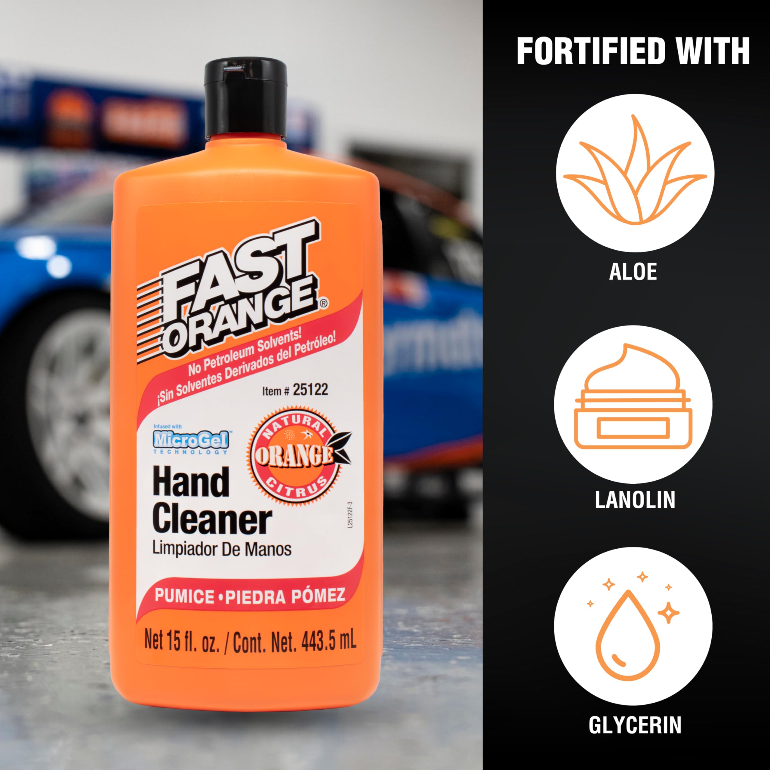 Pumice Lotion Fast Orange 25122, Heavy Duty Hand Cleaner, Natural Citrus Scent, Waterless Cleaner For Mechanics, Strong Grease Fighter, 15 oz