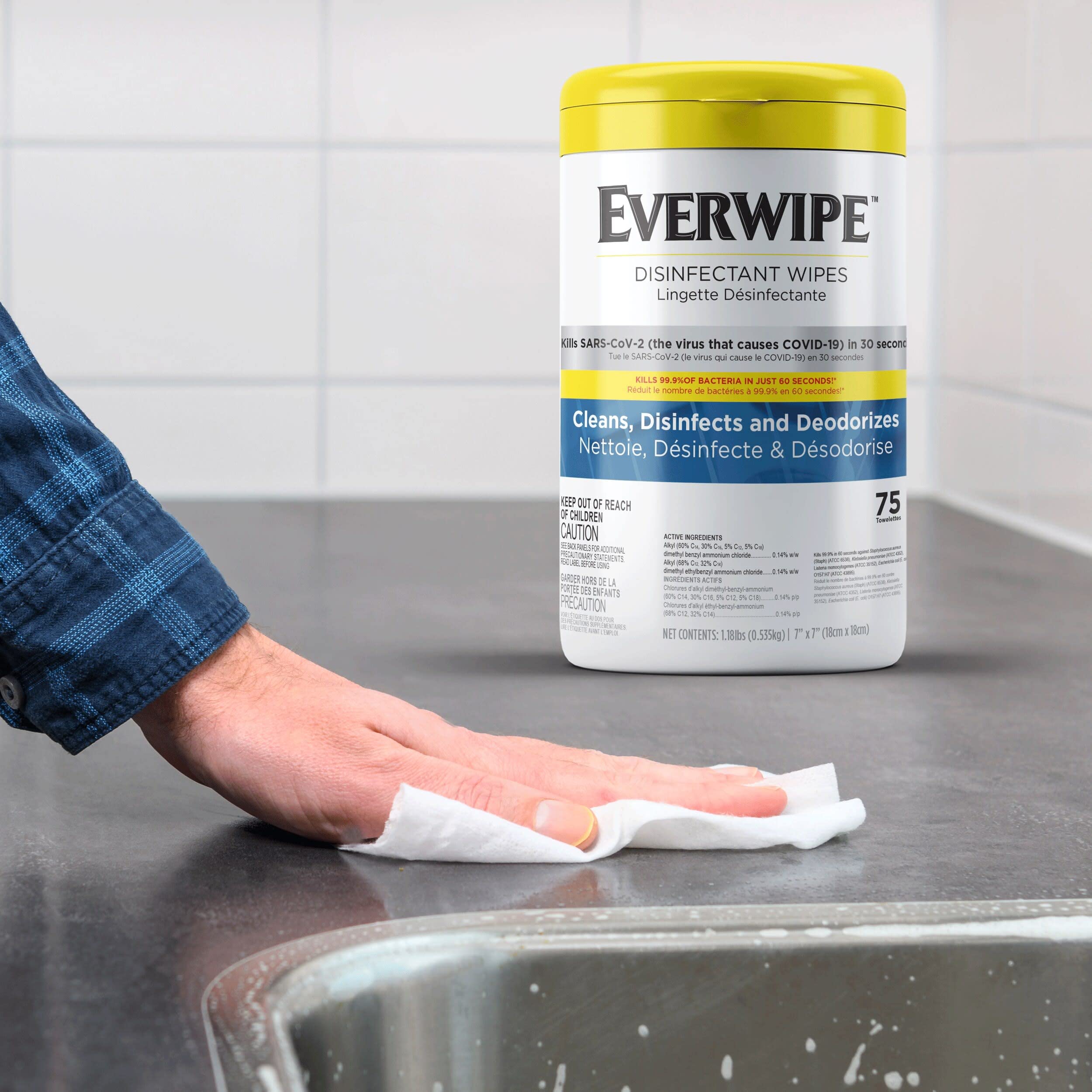 Tork Disinfectant Everwipe Wet Wipe Canister White, Cleans and Deodorizes, 6 x 75 wipes, 192804 (101075)