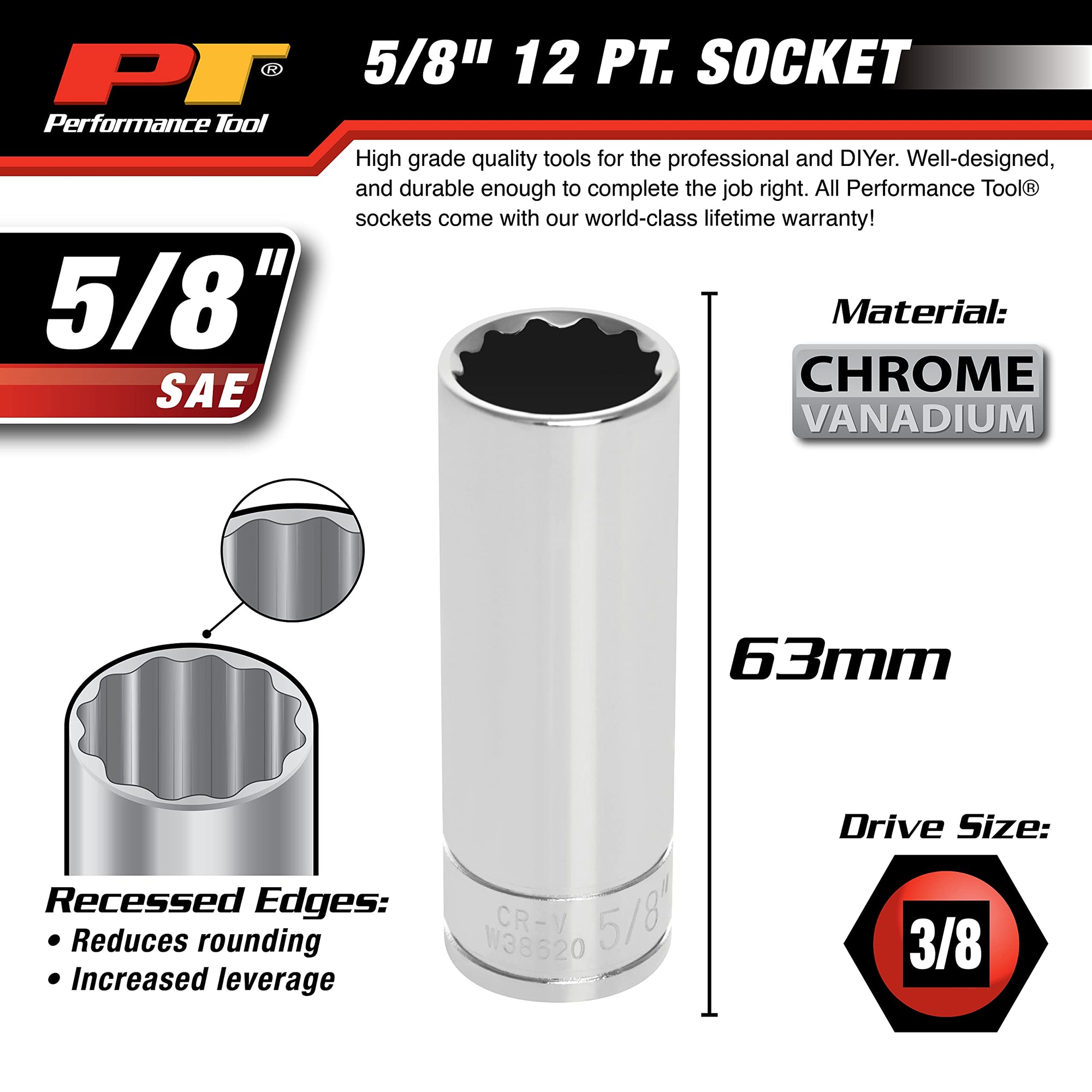 W38620 Performance Tool 12-Point Socket, 3/8-Inch Drive, 5/8