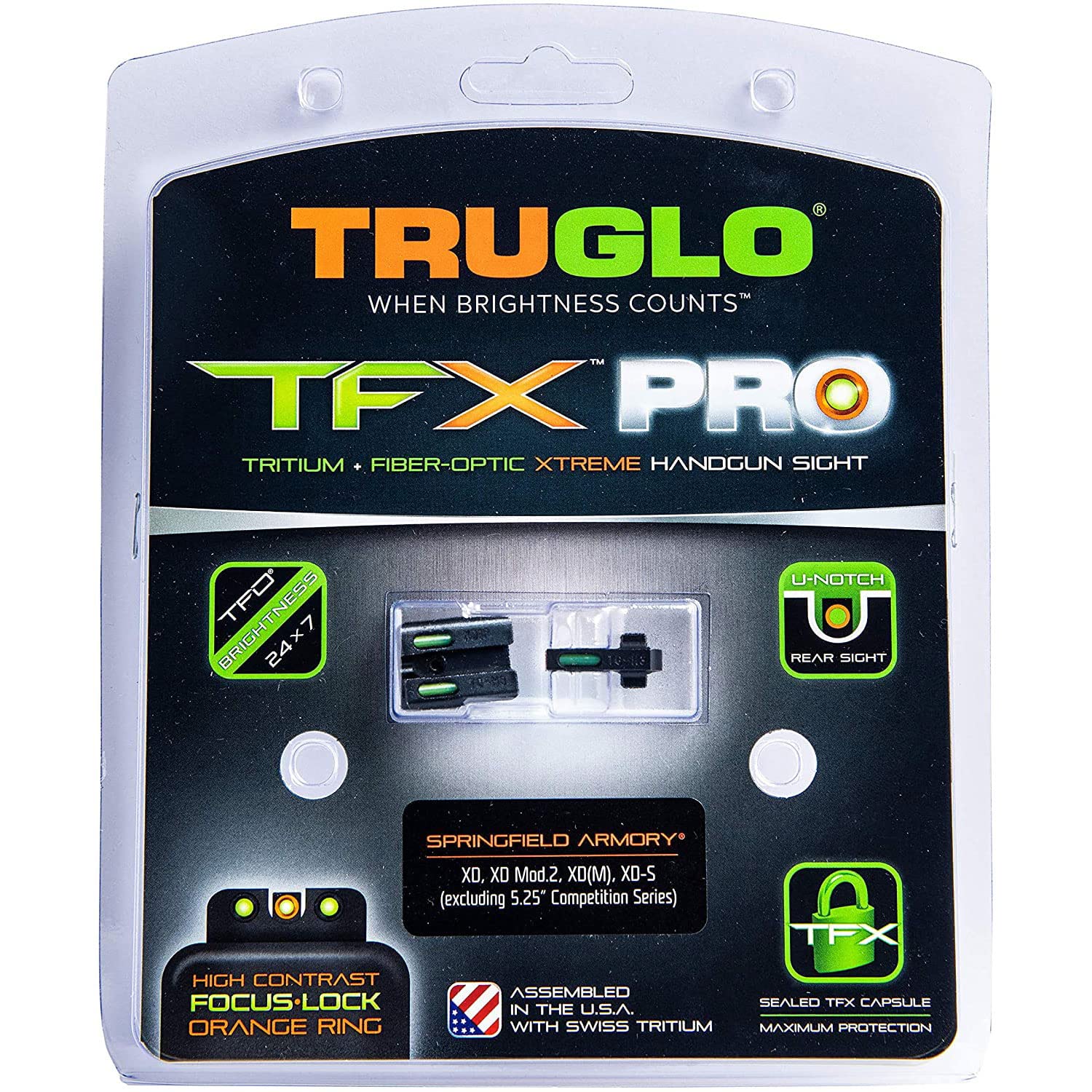 TruGlo Pro TFK Fiber Optic & Tritium Handgun Pistol Sight Accessories w/Fortress Finish Protection & Angled Rear Sight for Springfield XD Models