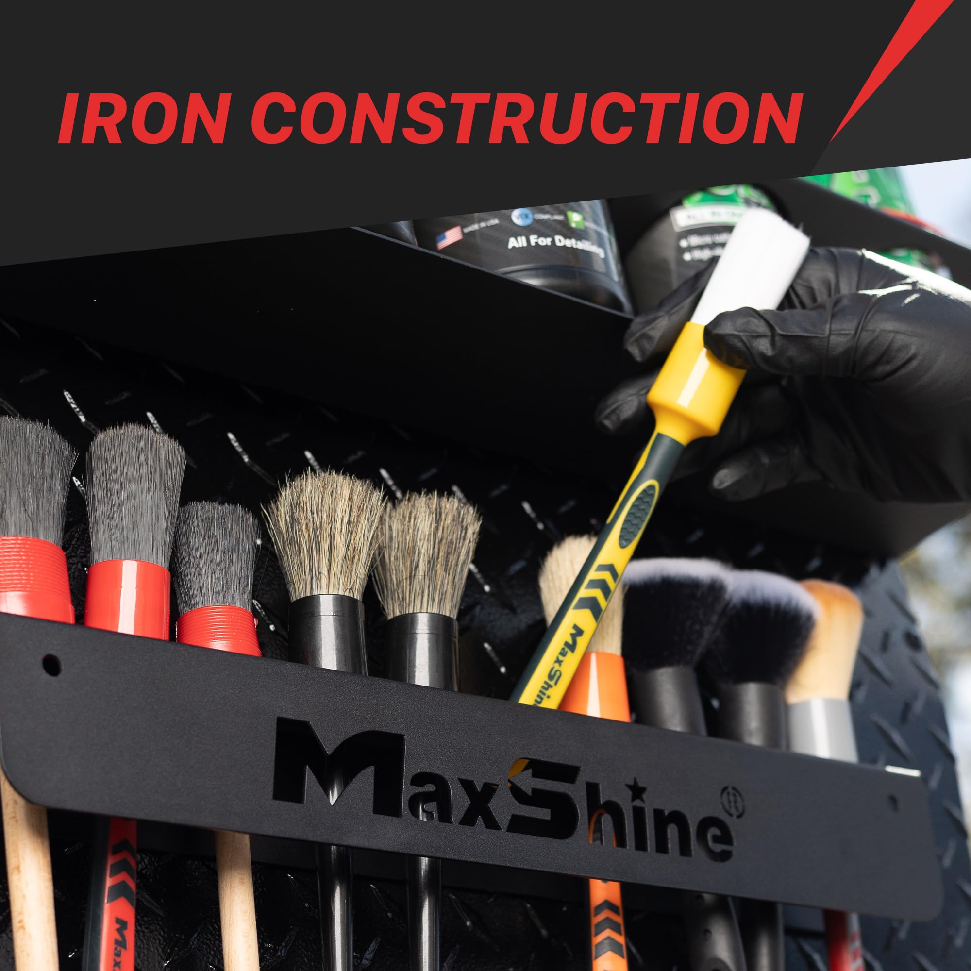 Maxshine Detailing Brush Holder Universal | Wall-Mount Organizer Holds Up to 10 Brushes | Rust-Resistant Iron Construction, Easy Installation for Garage, Car Care, Mobile & Home Use