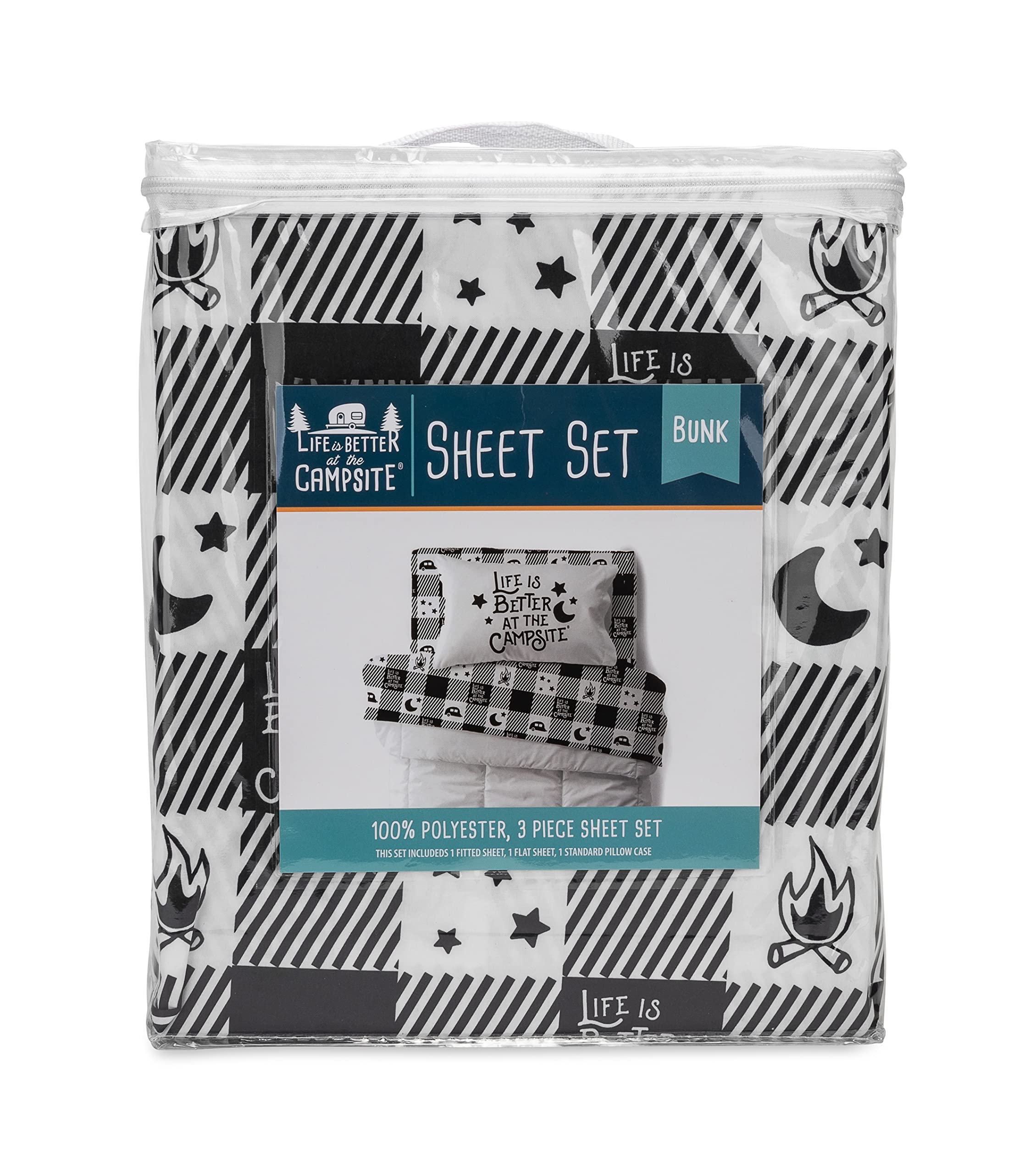 Camco Bunk Sized Bed Sheets at The Campsite Life is Better Camper/RV | Features Camping Theme Design on Buffalo Plaid Pattern | Crafted of Soft Machine Washable Polyester | 3-Piece Set (53475)