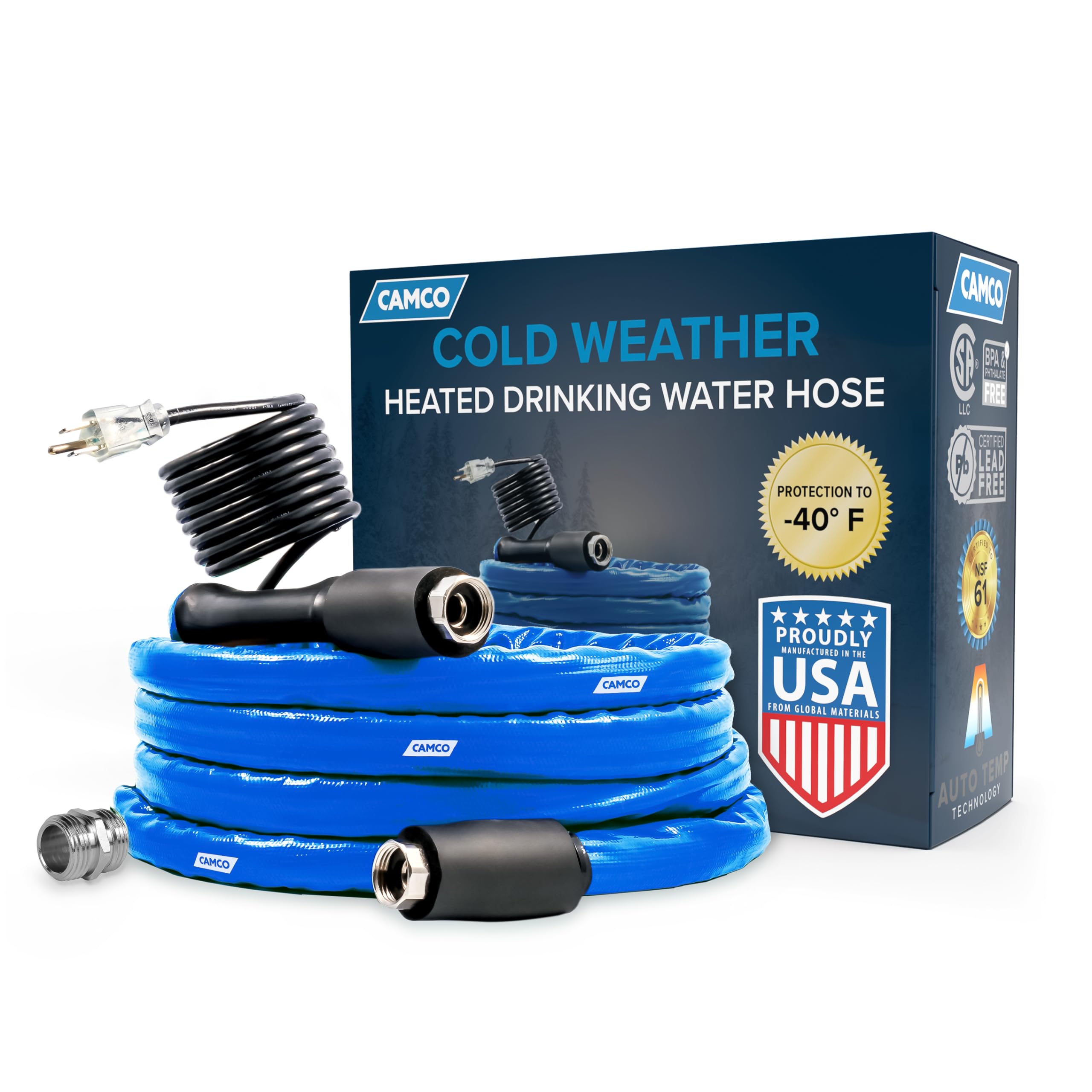 12-Foot Camco Heated Drinking Water Hose | Features Water Line Freeze Protection Down to -40°F/C & Energy-Saving Thermostat | Includes Adapter for Connection to Either End of Hose (22920)