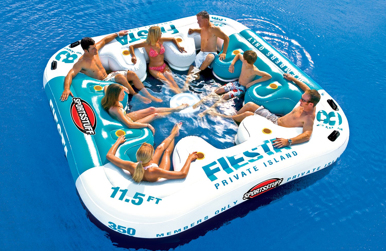 Fiesta Island Sportsstuff | 8 Person Lake Lounge with Heavy-Duty Comfort Mesh Seating, Floating Inflatable Cooler Included