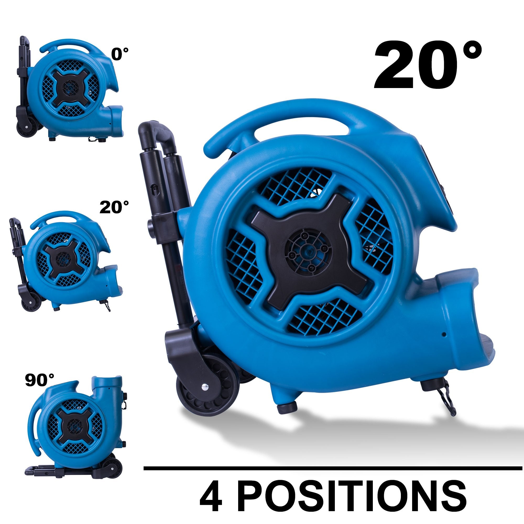 P-800H XPOWER Pro 3/4 HP 3200 CFM Centrifugal Air Mover, Carpet Dryer, Floor Fan, Blower, Telescopic Handle and Wheels, for Water Damage Restoration, Janitorial, Plumbing, Home Use, Blue