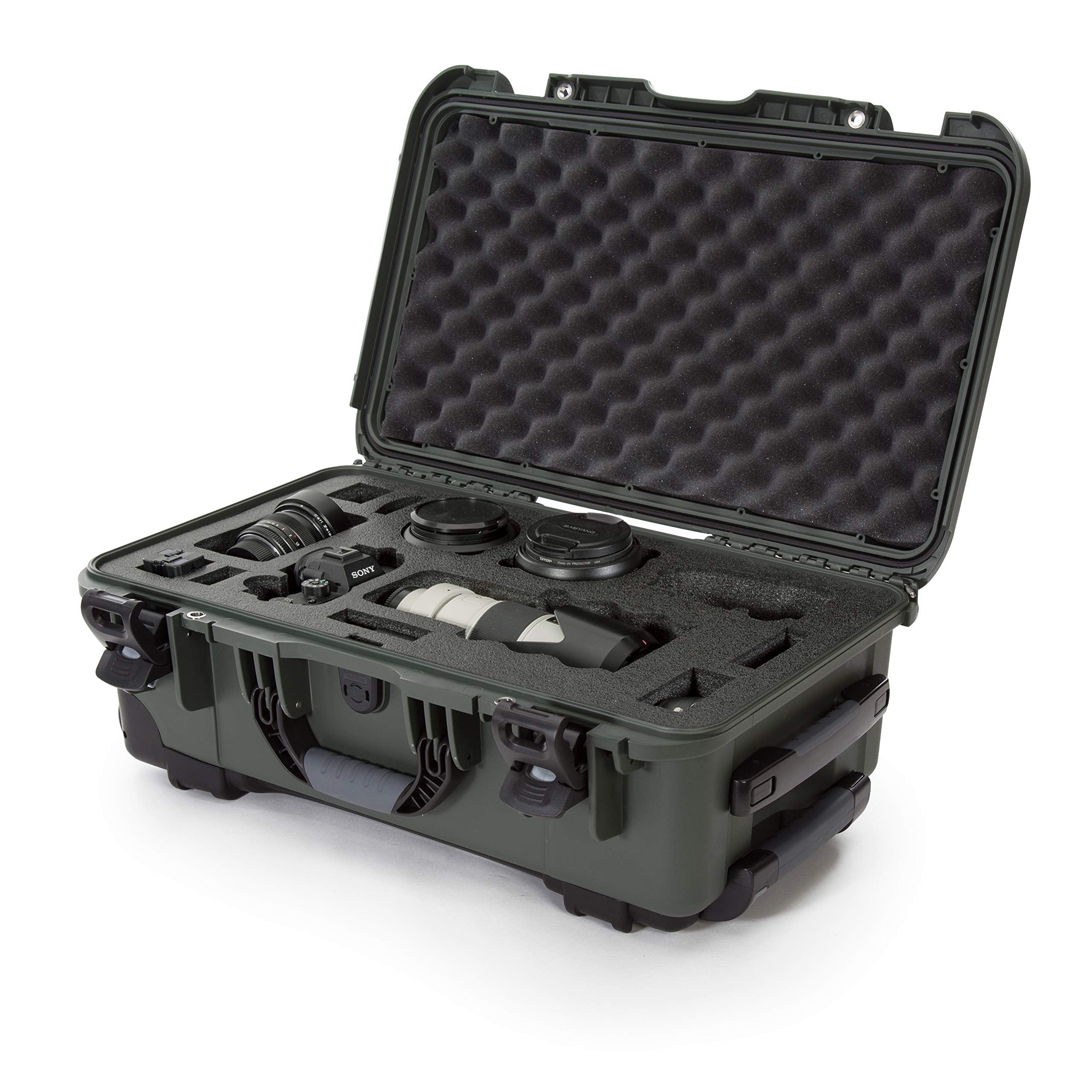 Waterproof Nanuk 935 Carry-On Hard Case with Custom Foam Insert for Sony a7R Size Camera w/Wheels - Olive