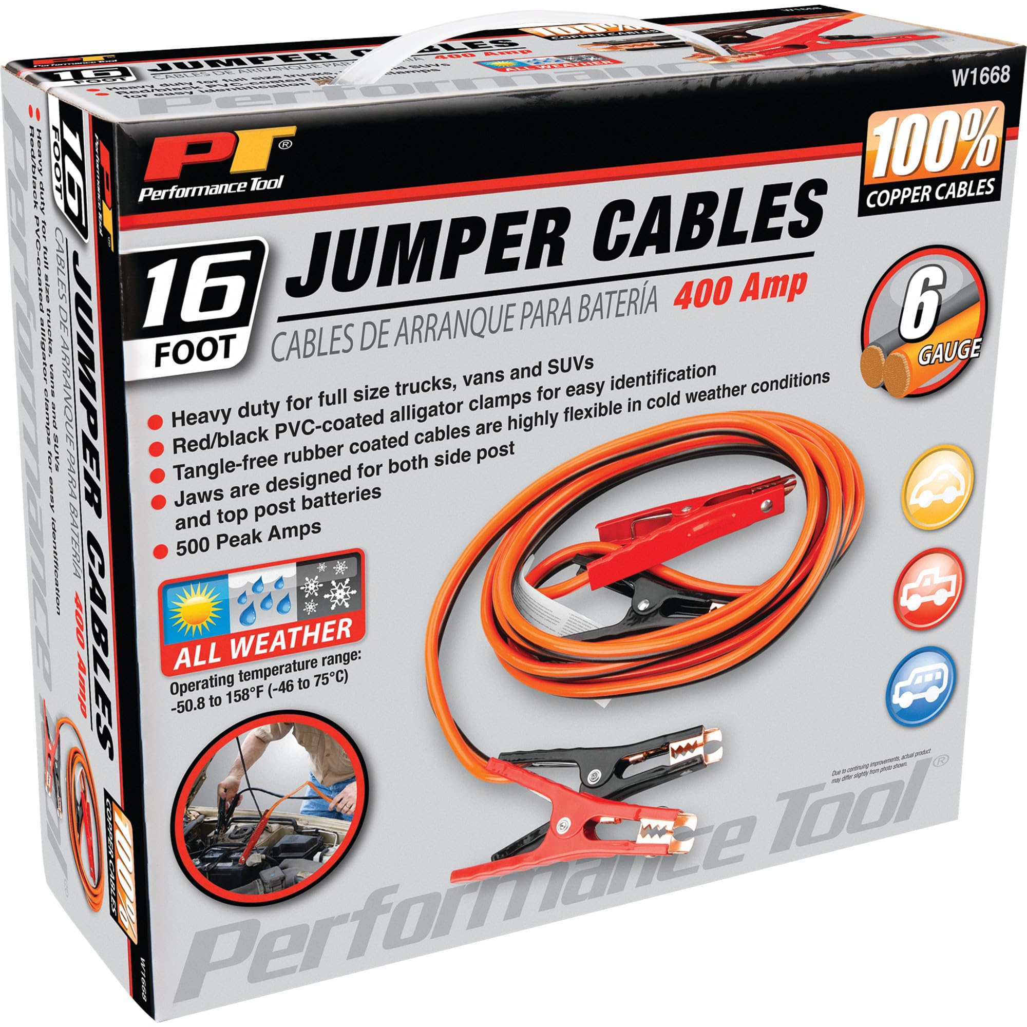 6GA Performance Tool W1668 16 ft. Battery Jumper Cables - Rubber-Coated 100% Copper Cables, Color-Coded Alligator Jaws, Heavy Duty
