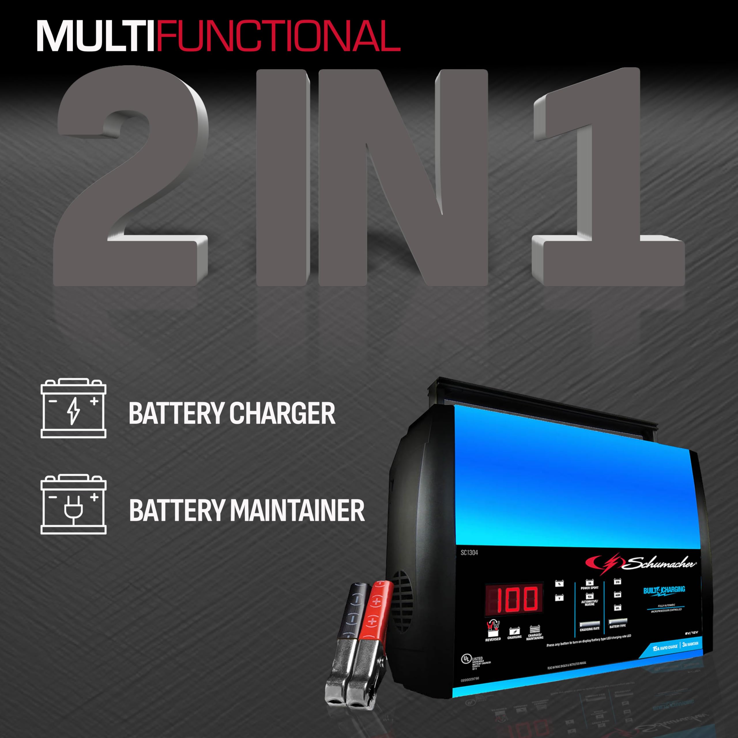 2-in-1 Schumacher Electric Rapid Battery Charger and Maintainer, SC1304 - Fully Automatic, 15 Amps, 12 Volt and 6 Volt, for Motorcycle, Power Sport, Marine, Car, and Truck Batteries