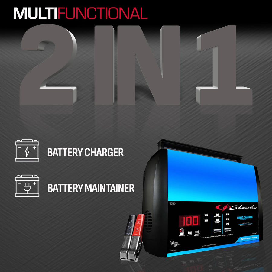 2-in-1 Schumacher Electric Rapid Battery Charger and Maintainer, SC1304 - Fully Automatic, 15 Amps, 12 Volt and 6 Volt, for Motorcycle, Power Sport, Marine, Car, and Truck Batteries