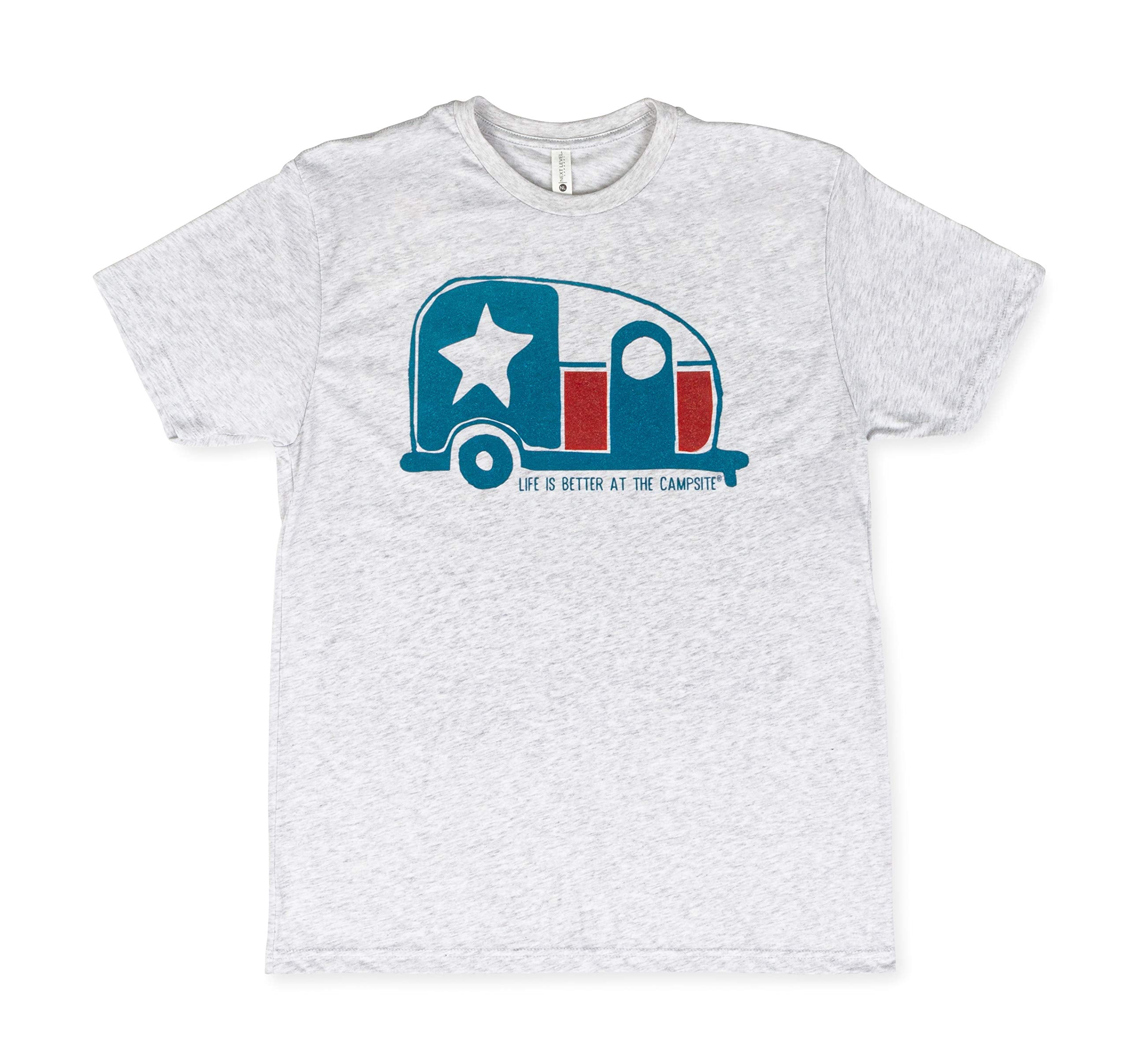 Camco Crew Neck Life is Better at The Campsite Short Sleeve T-Shirt | Features Soft Ring-Spun Cotton Fabric, Texas Flag Camper Design on Heather White, and is Machine Washable | Small (53390)