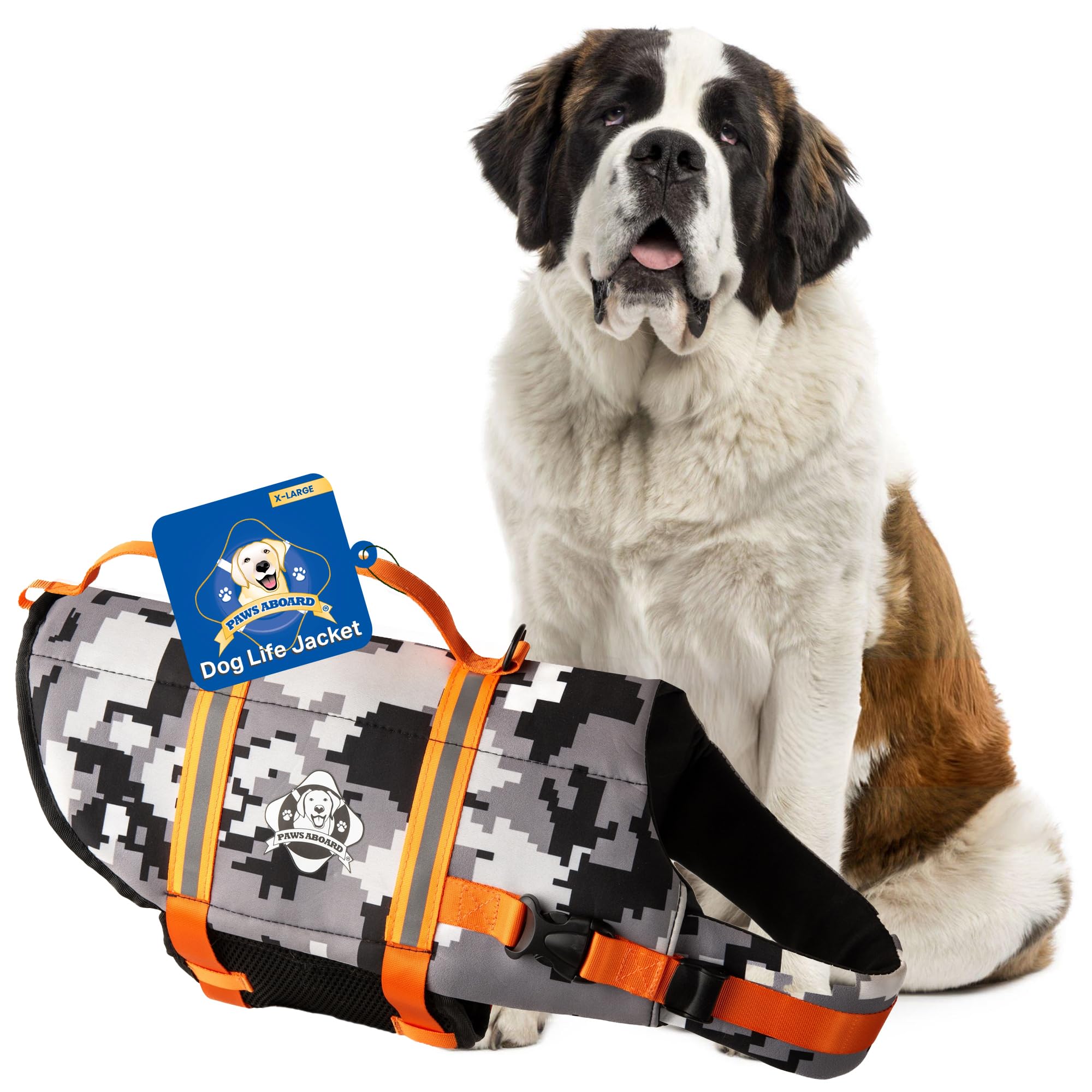 Dog Life Jacket Paws Aboard - Swimming Vest for Dogs, Adjustable, Reflective, Comfortable, Multiple Colors, Patterns, XX-Small to Extra Large Dog Swim Vest with Handle (Grey Camo/Orange, X-Large)