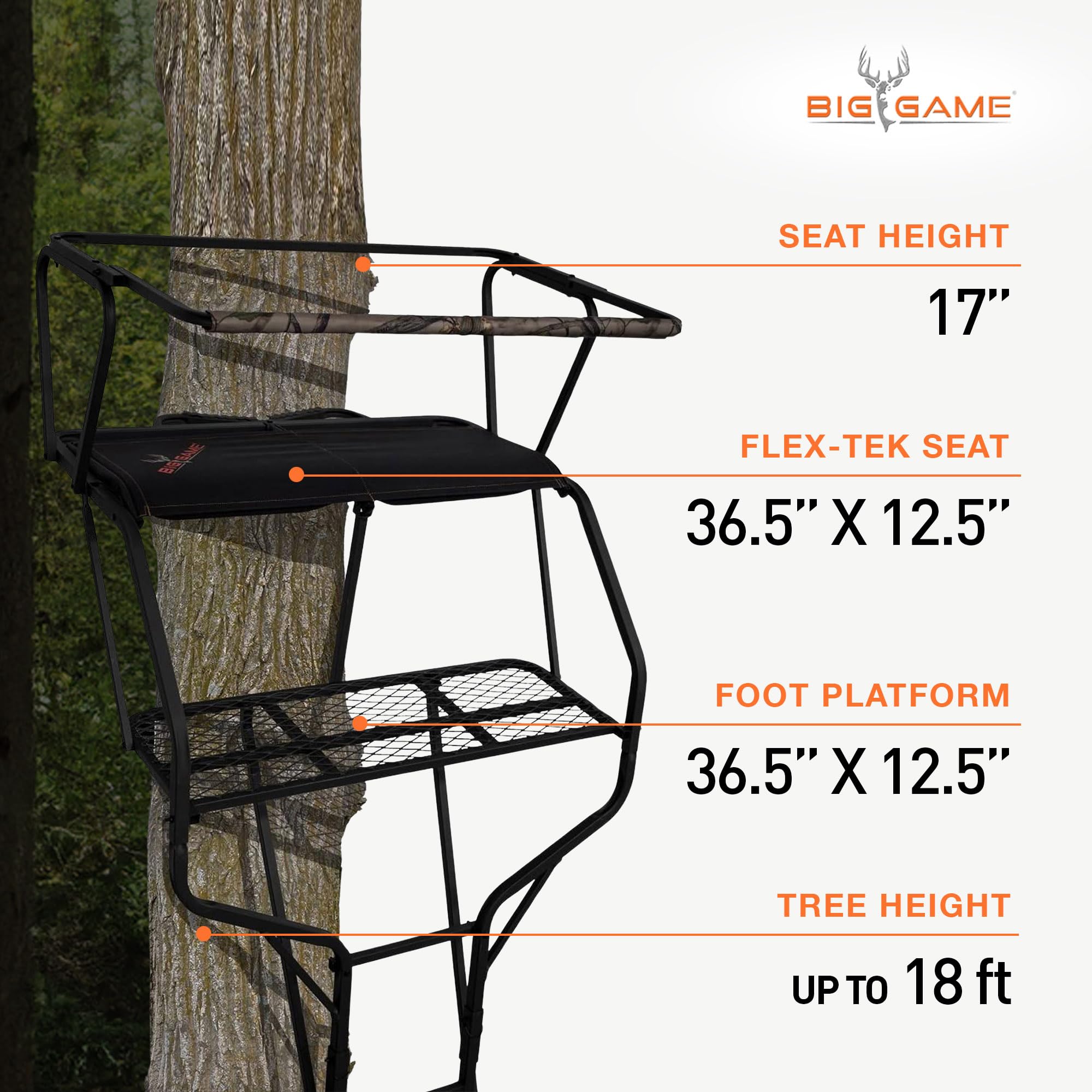 2-Person Big Game Ladder Tree Stand For Hunting Deer with Seats, 18' Tall, Camo/Black - Adjustable Climbing Treestand with Platform and Safety Harness for Shooting