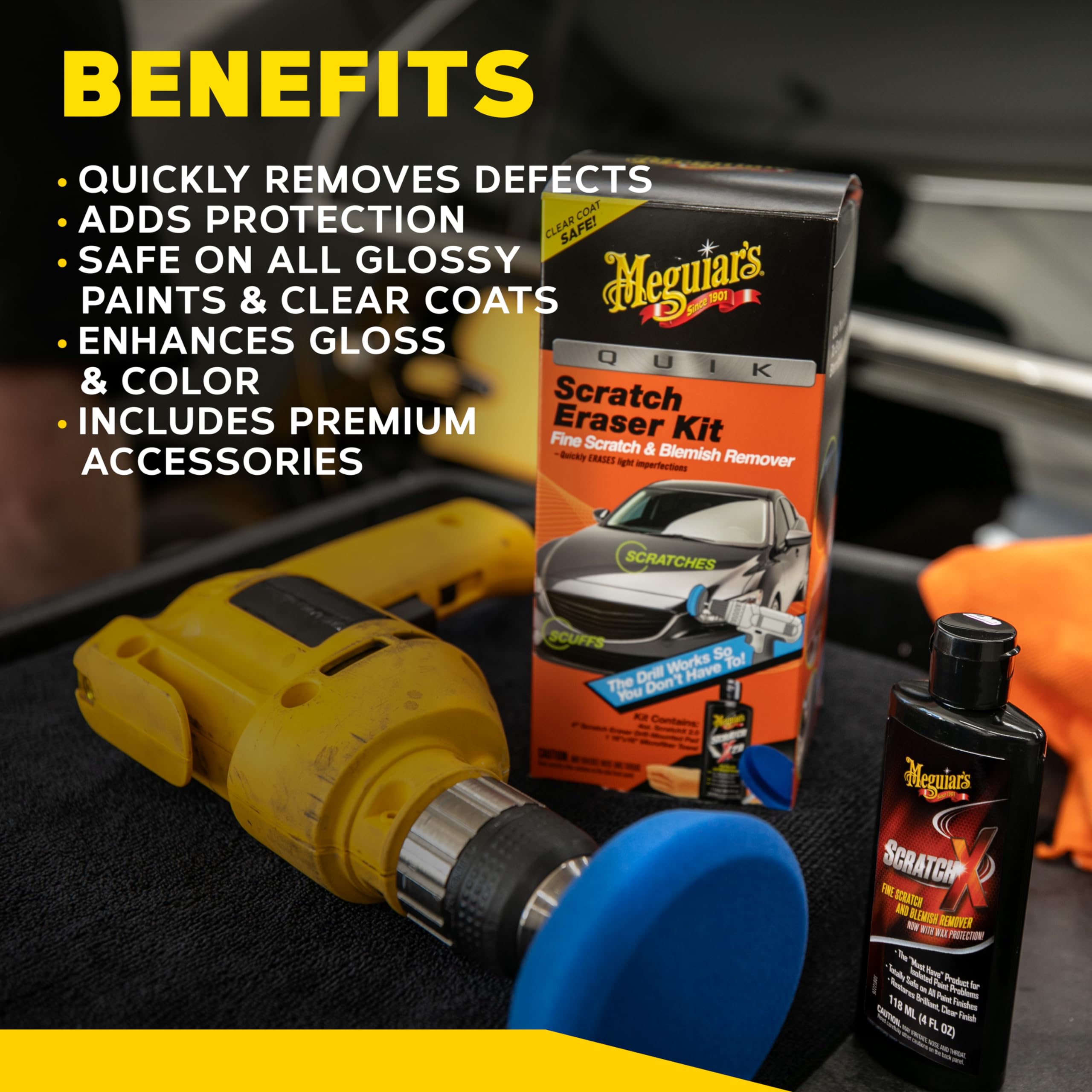 Quik Scratch Eraser Kit Meguiar’s, Car Scratch Remover for Fixing Surface Blemishes, Includes ScratchX, Drill-Mounted Pad, and Microfiber Towel, Great Car Gifts for Men and Women