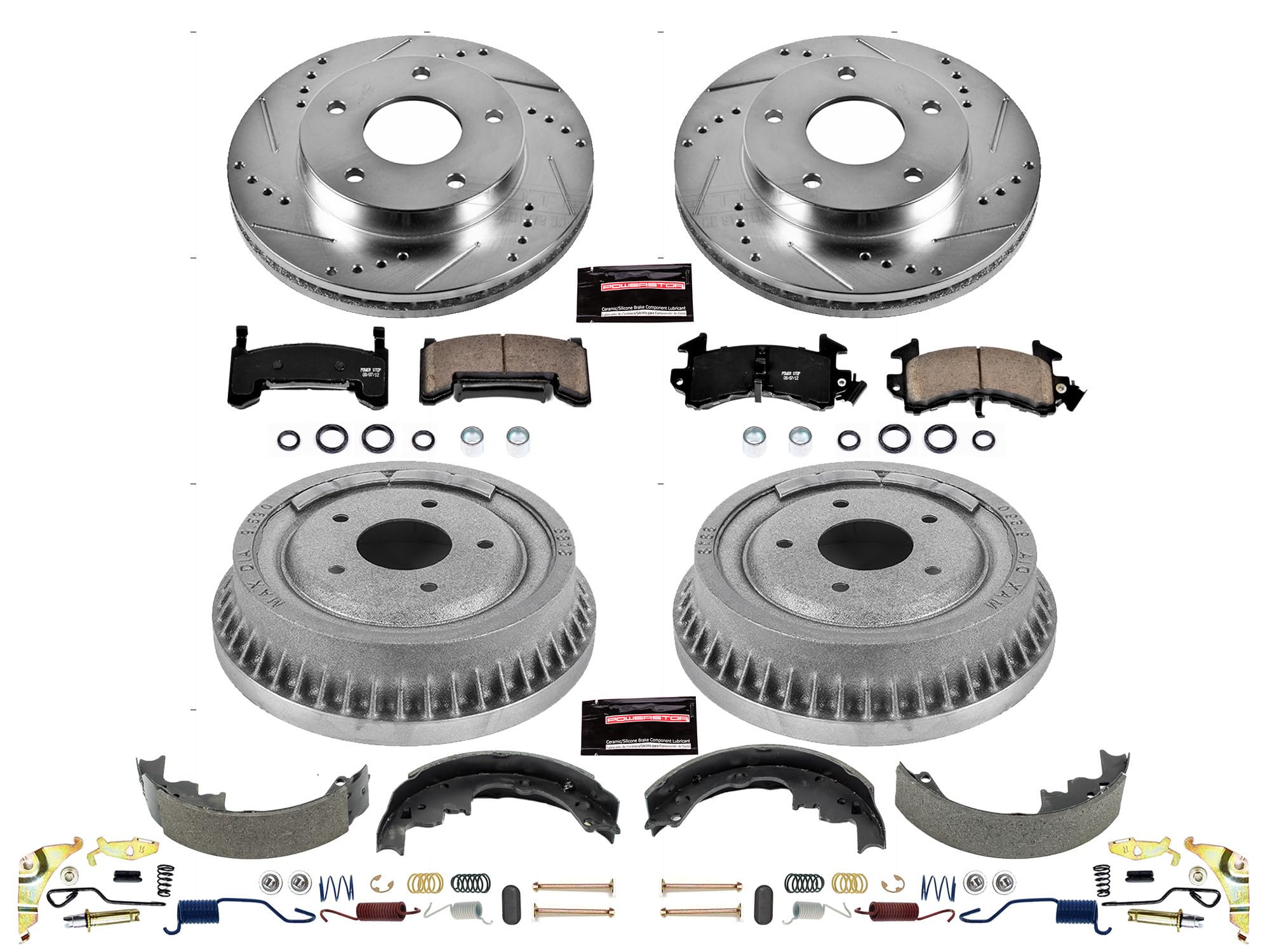 Power Stop K15045DK Z23 Carbon Fiber Brake Pads Front and Rear with Drilled & Slotted Brake Drums Kit For Buick Riviera, GMC, GMC S15 Ji, Oldsmobile Toronado [Model Specific]