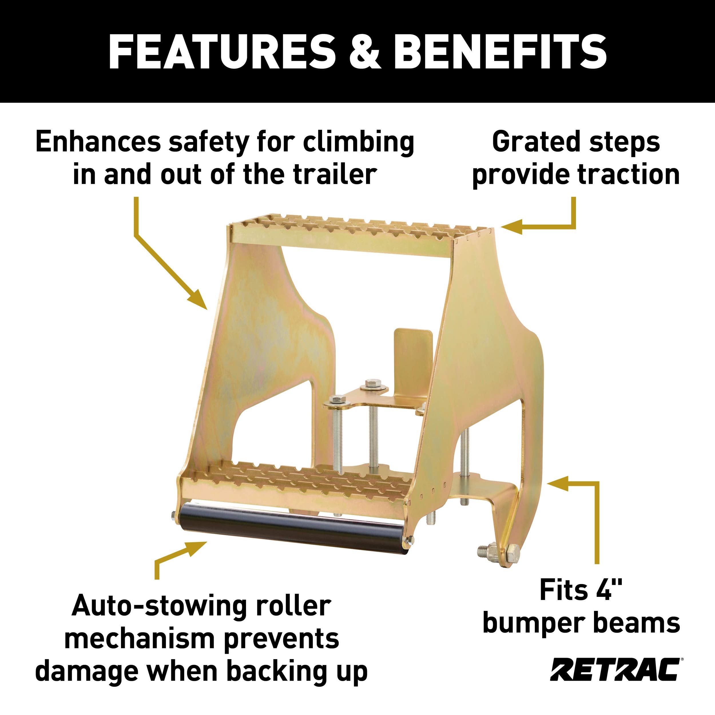 Highrise RETRAC 409924 Folding Rear Semi Truck Steps with Auto-Stow, Fits 4-Inch Bumper Beam, Steel, 600 lbs, Semi Trailers, Box Trucks
