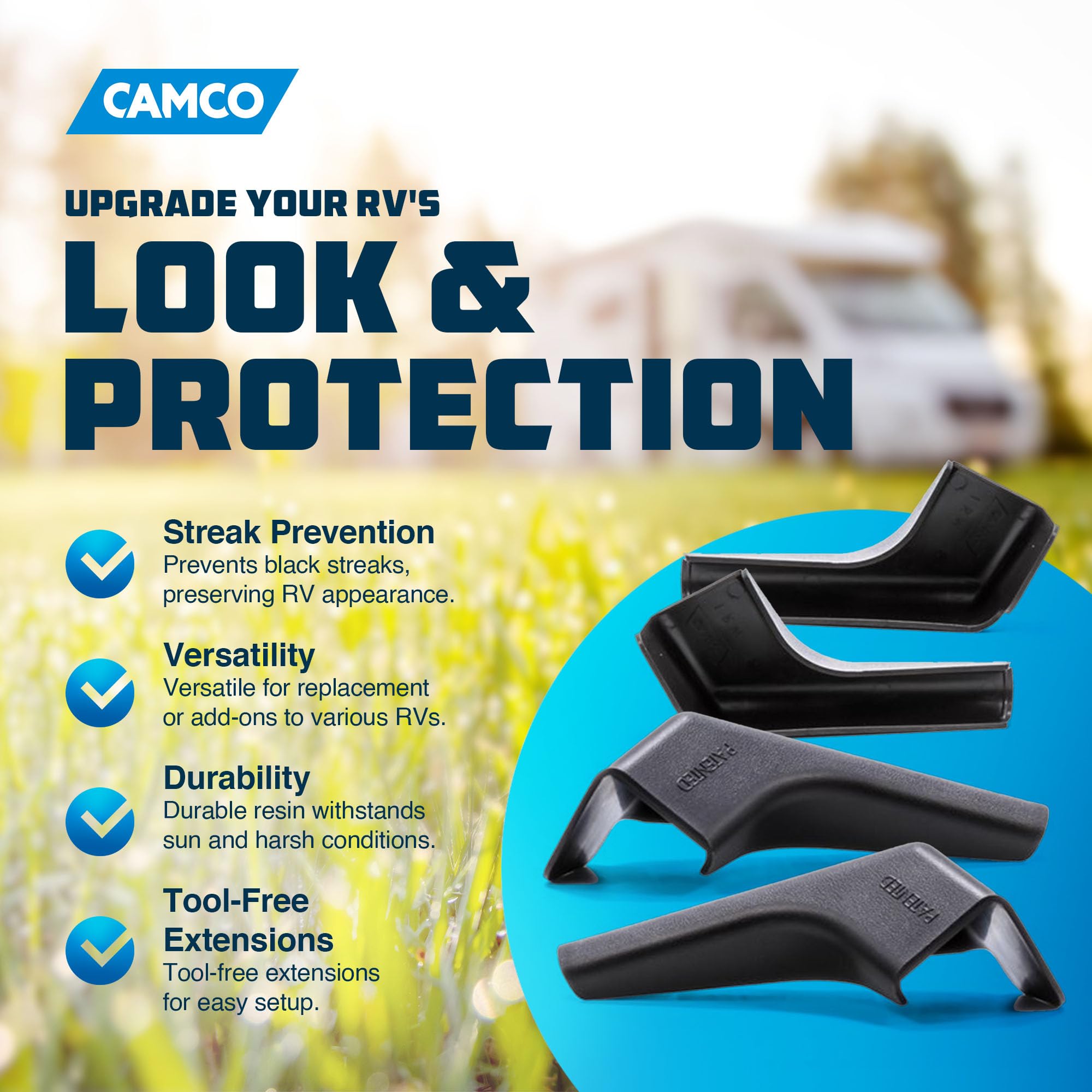 Camco RV Gutter Spouts with Extensions Built-in | Direct Rain Water Runoff Away from The RV | Features an Easy Installation, a Sun Resilient Resin Construction, and Comes in a 4-Pack of Black (42452)